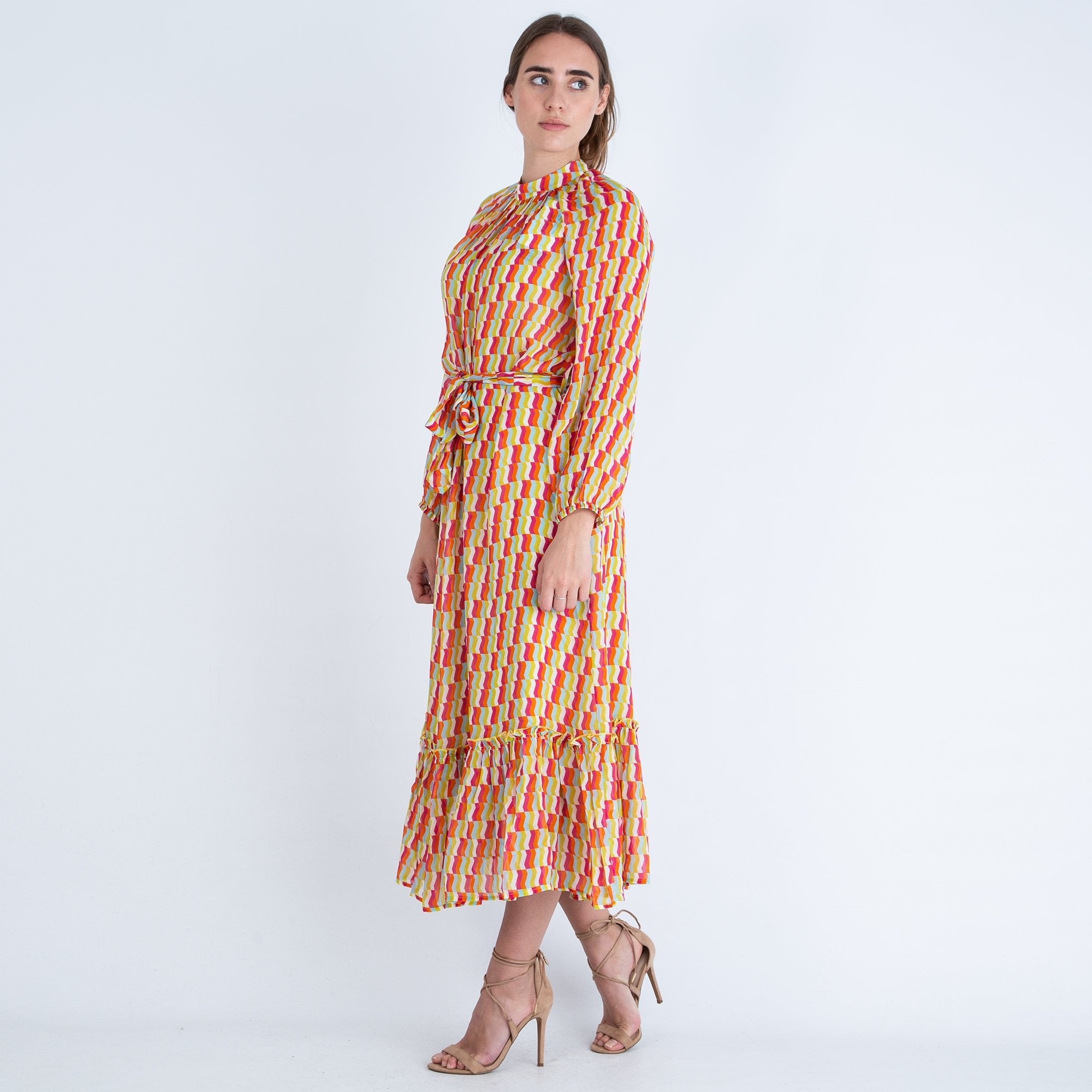 Herzens Angelegenheit Frill Hem Chiffon Block Print Dress Multi