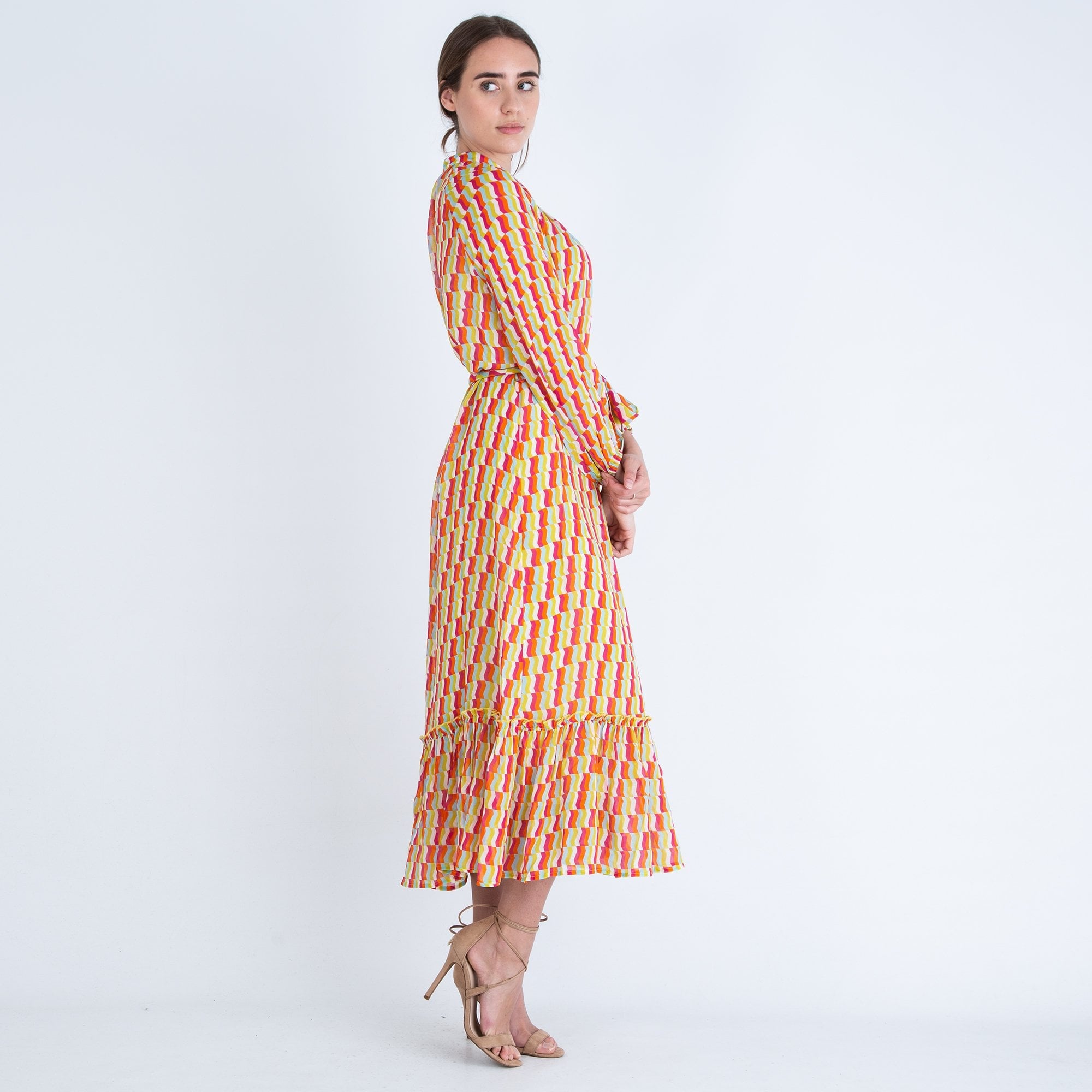 Herzens Angelegenheit Frill Hem Chiffon Block Print Dress Multi