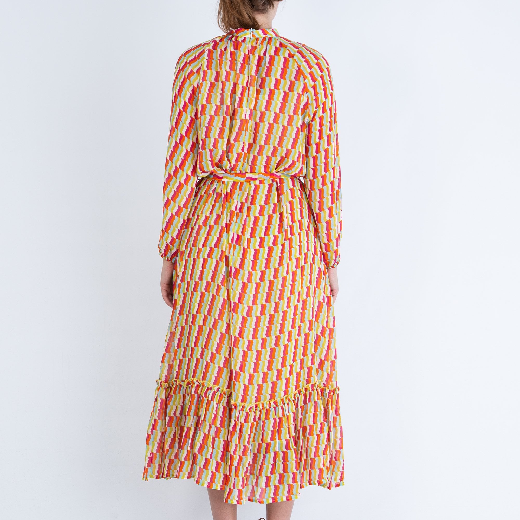 Herzens Angelegenheit Frill Hem Chiffon Block Print Dress Multi