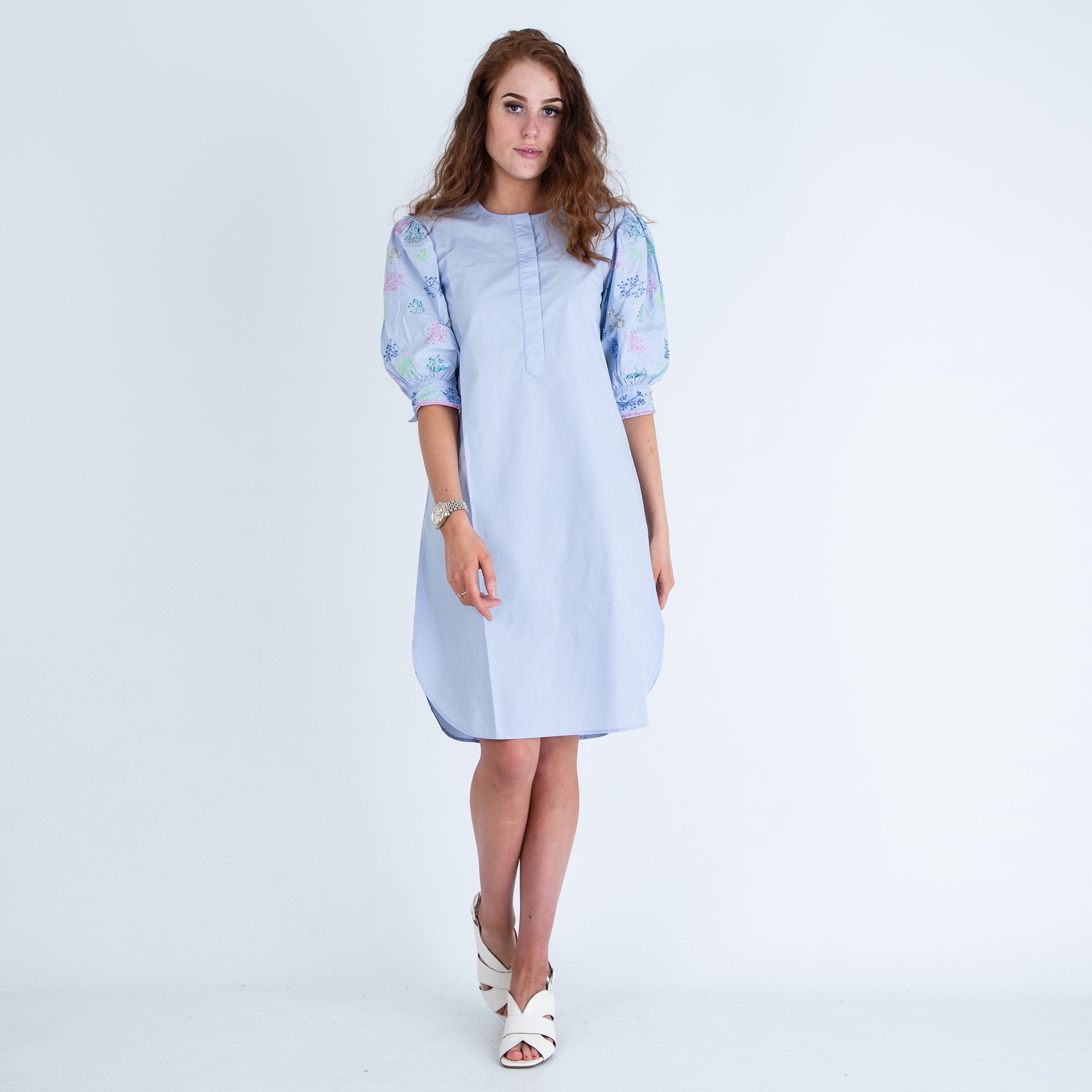 Vilagallo Bettina Cotton Dress With Sequin Embroidered Sleeves Blue