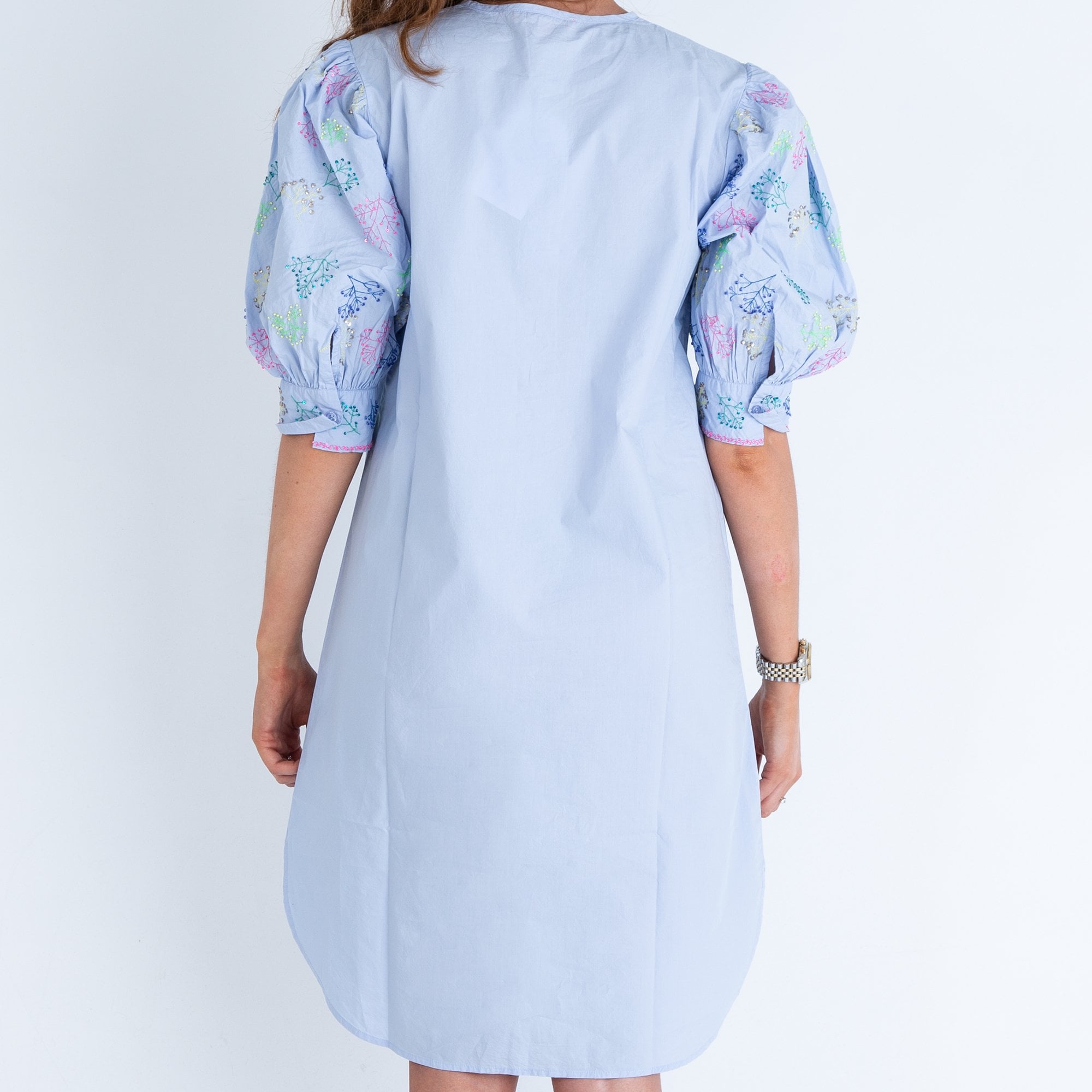 Vilagallo Bettina Cotton Dress With Sequin Embroidered Sleeves Blue