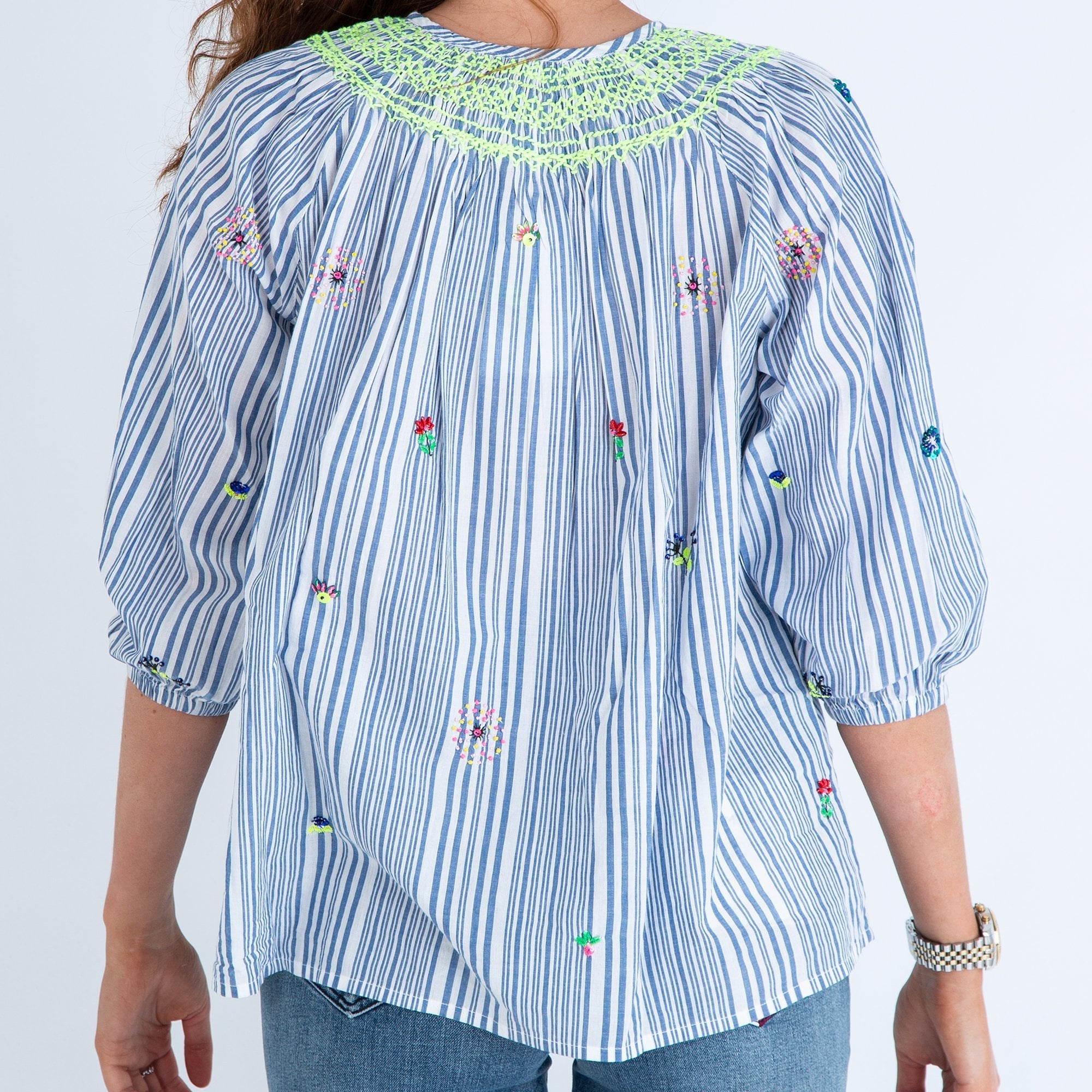 Vilagallo Palmer Stripe Blouse With Bead Detail & Neon Stitching Blue