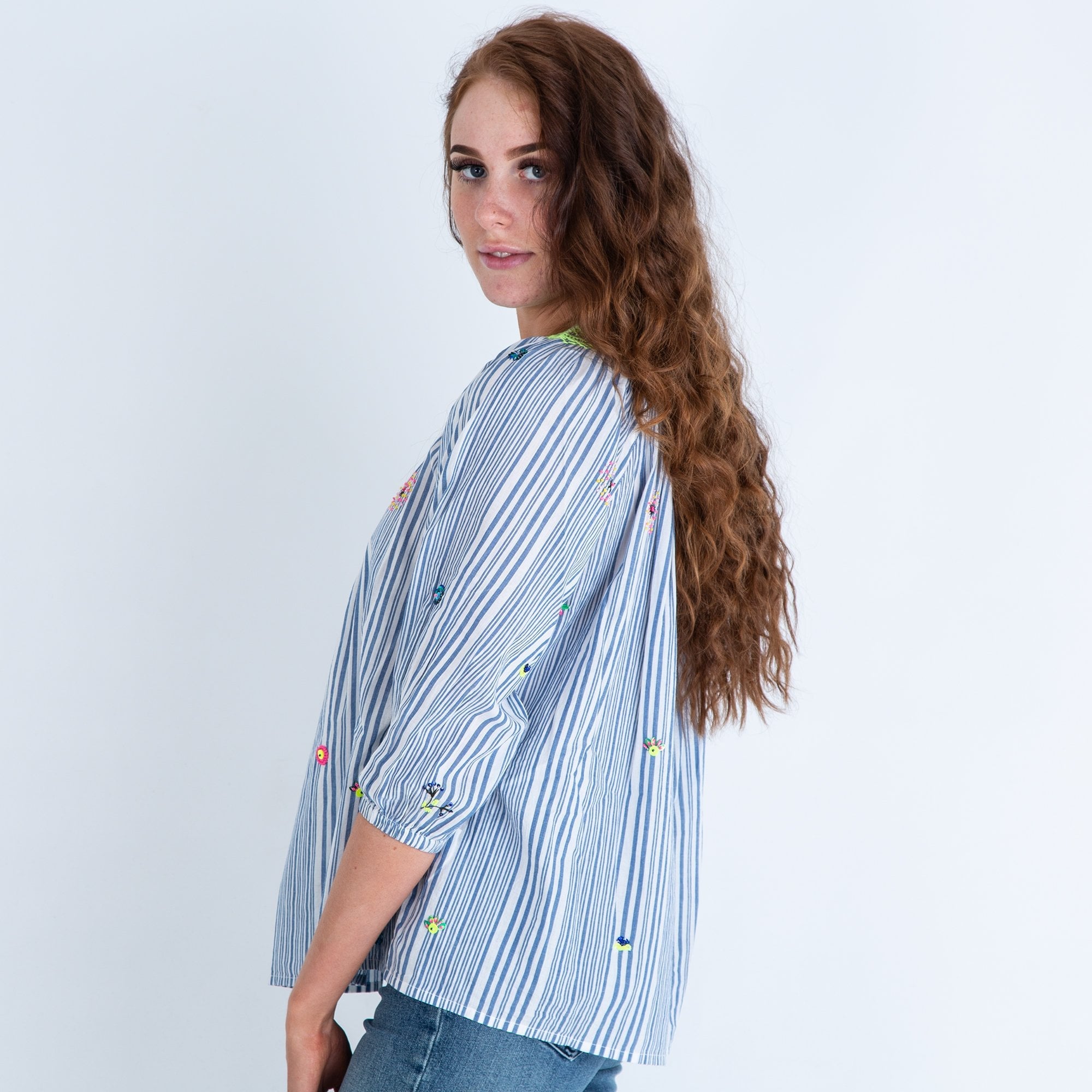 Vilagallo Palmer Stripe Blouse With Bead Detail & Neon Stitching Blue