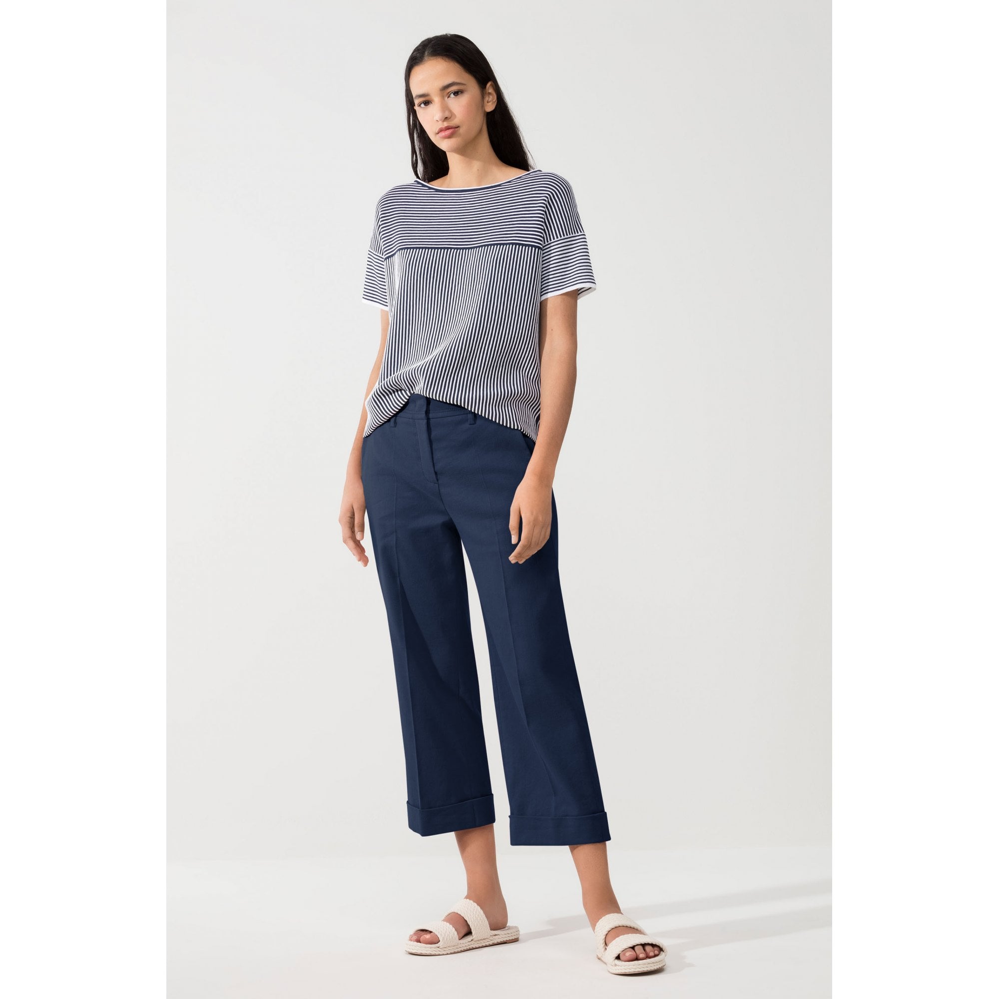 Luisa Cerano Stripe Round Neck Ribbed Jumper Navy/white