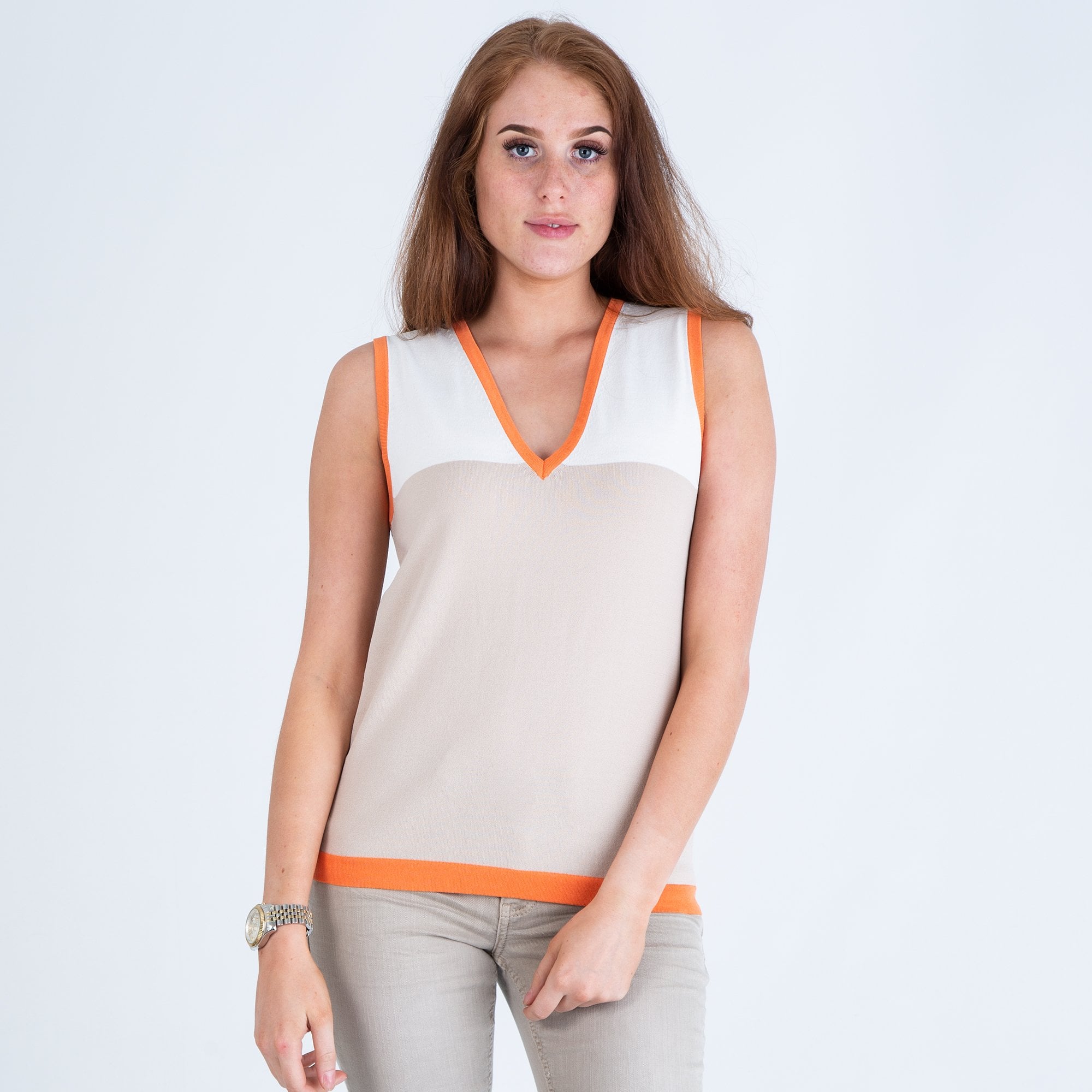 Uchuu Colour Block V Neck Tank Top To Wear With Cardigan Sand/White/Orange