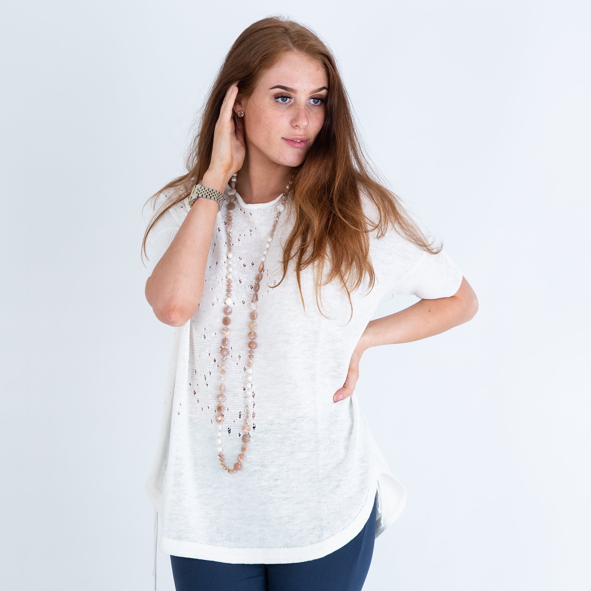 Sarah Pacini Round Neck Loose Knit Detail Jumper Off White