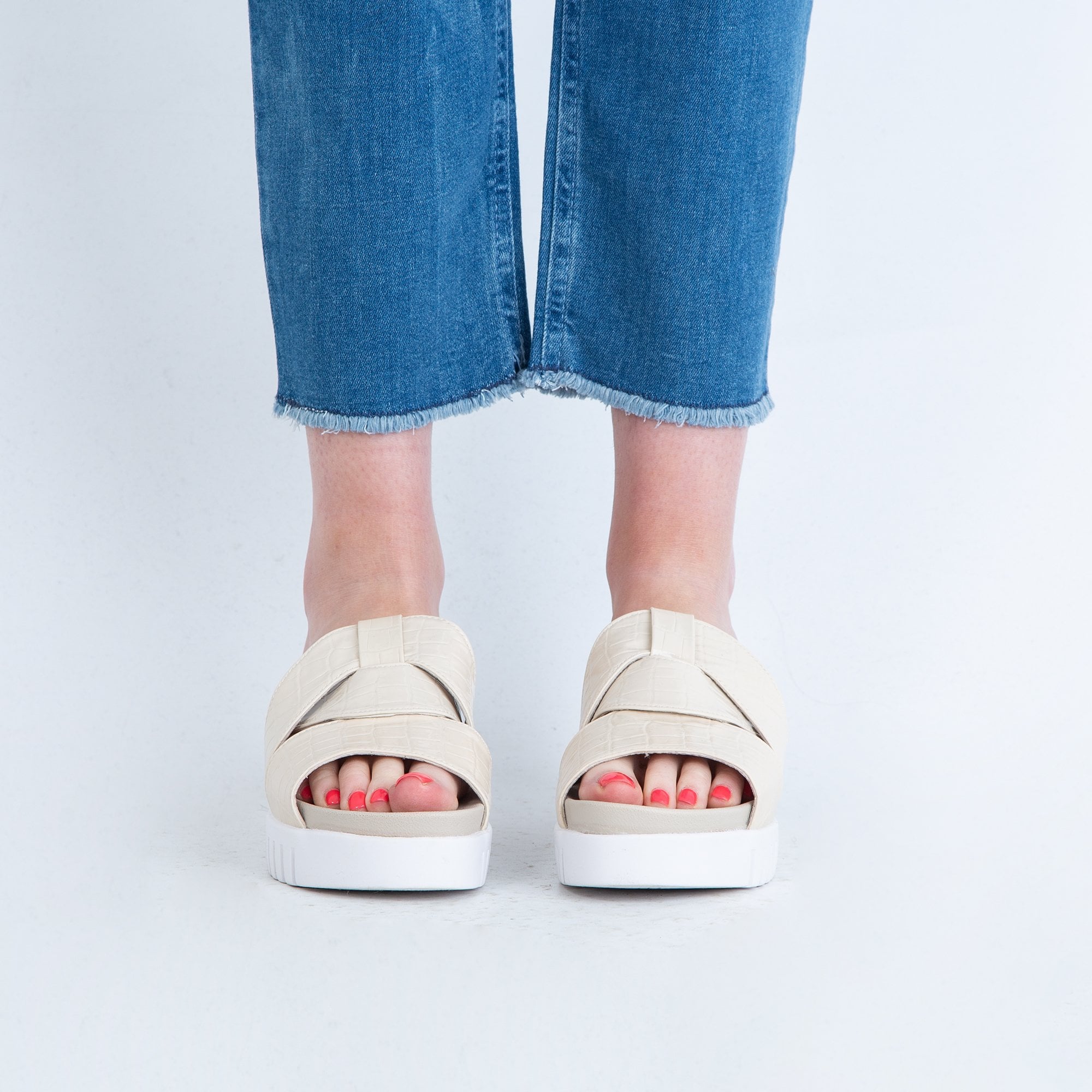 Ilse Jacobsen Tulip1265CR Cross Strap Croc Print Slider With Thick Sole Light Sand