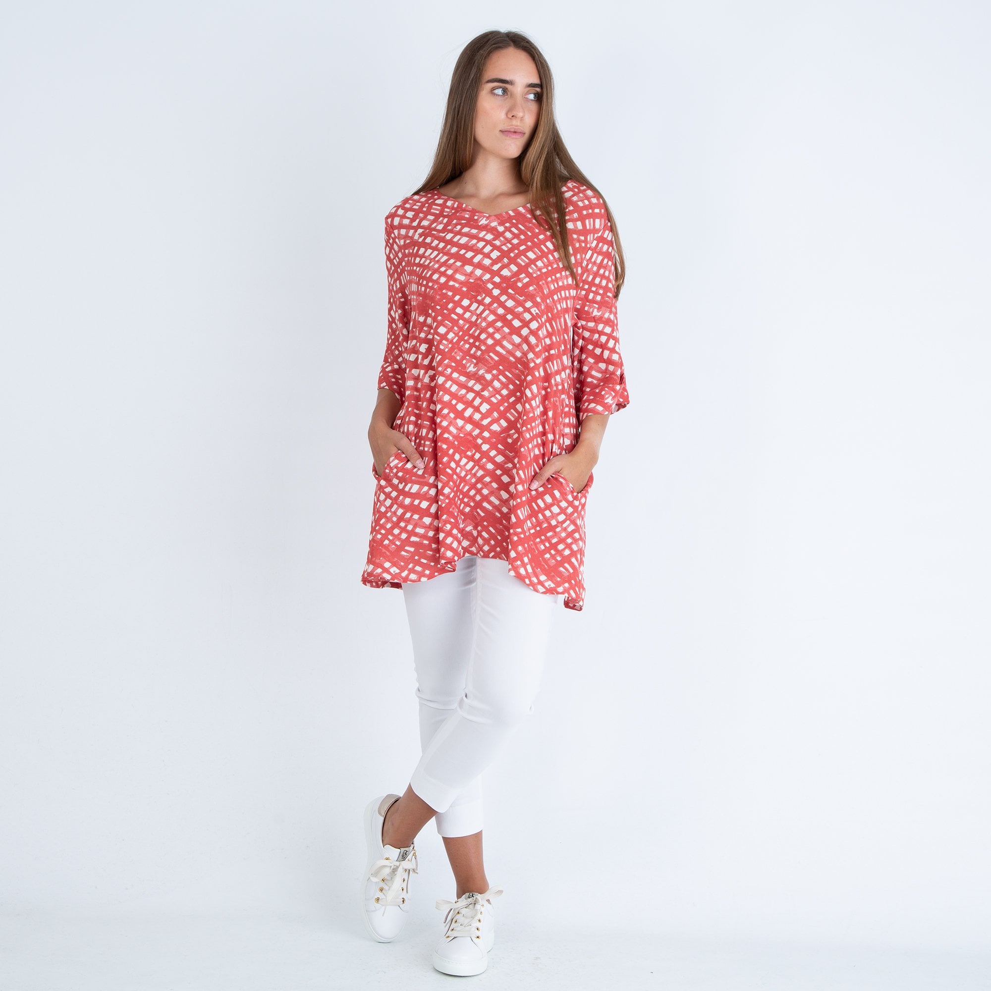 Masai Georgia V Neck A Shape Check Print Long Top Red/Ecru
