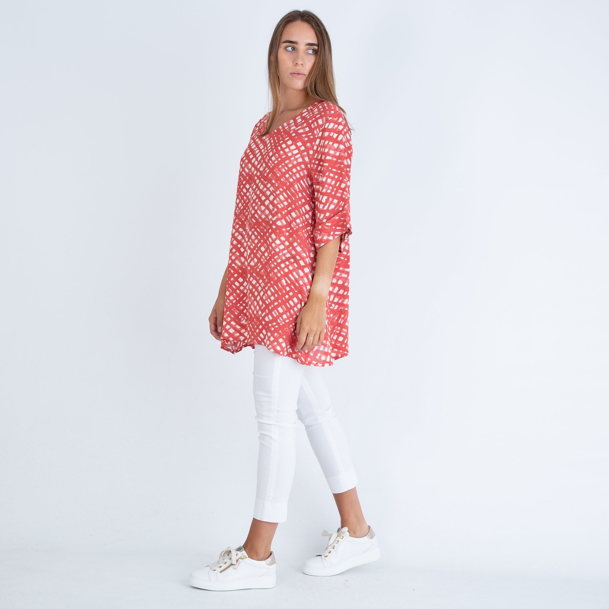 Masai Georgia V Neck A Shape Check Print Long Top Red/Ecru