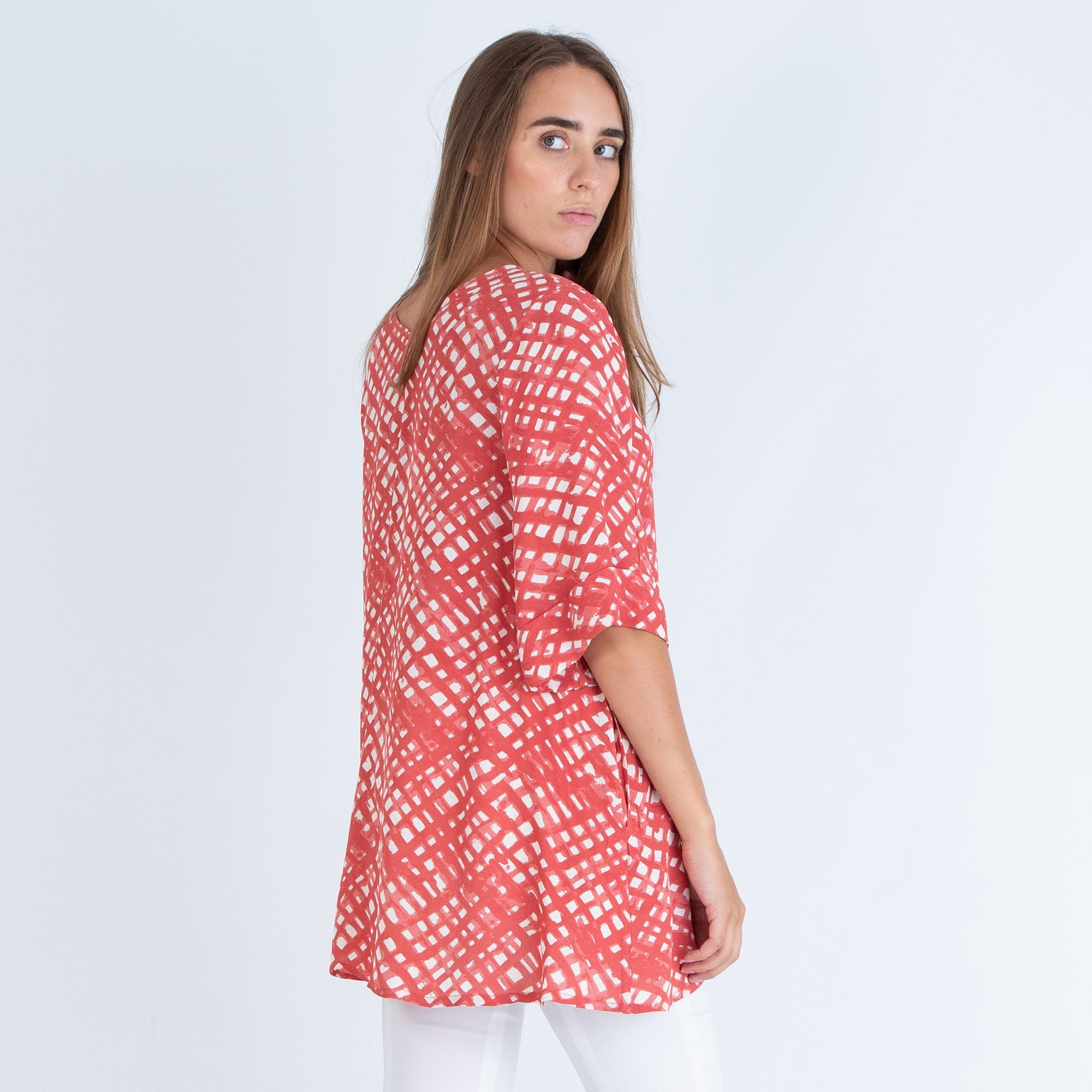 Masai Georgia V Neck A Shape Check Print Long Top Red/Ecru