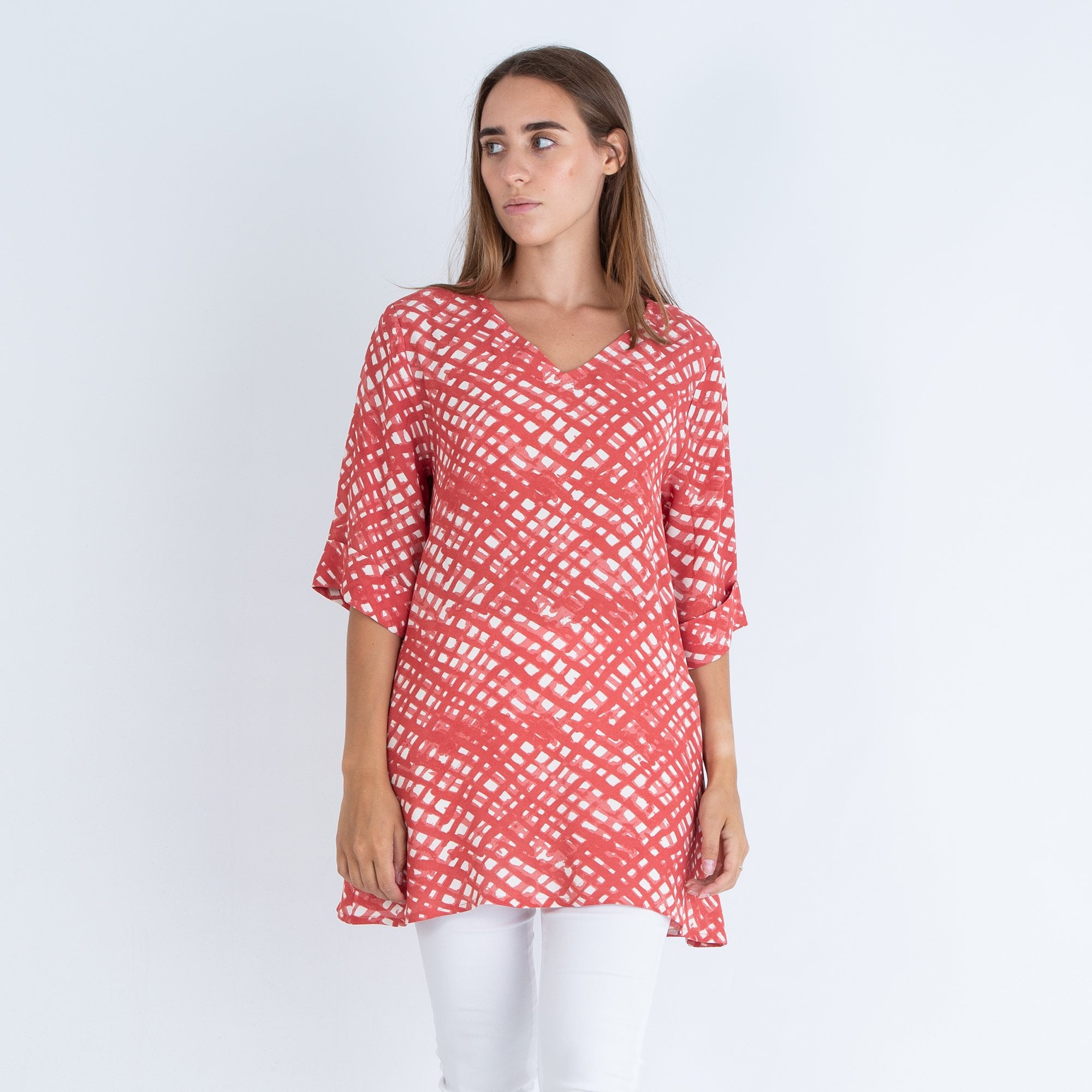 Masai Georgia V Neck A Shape Check Print Long Top Red/Ecru