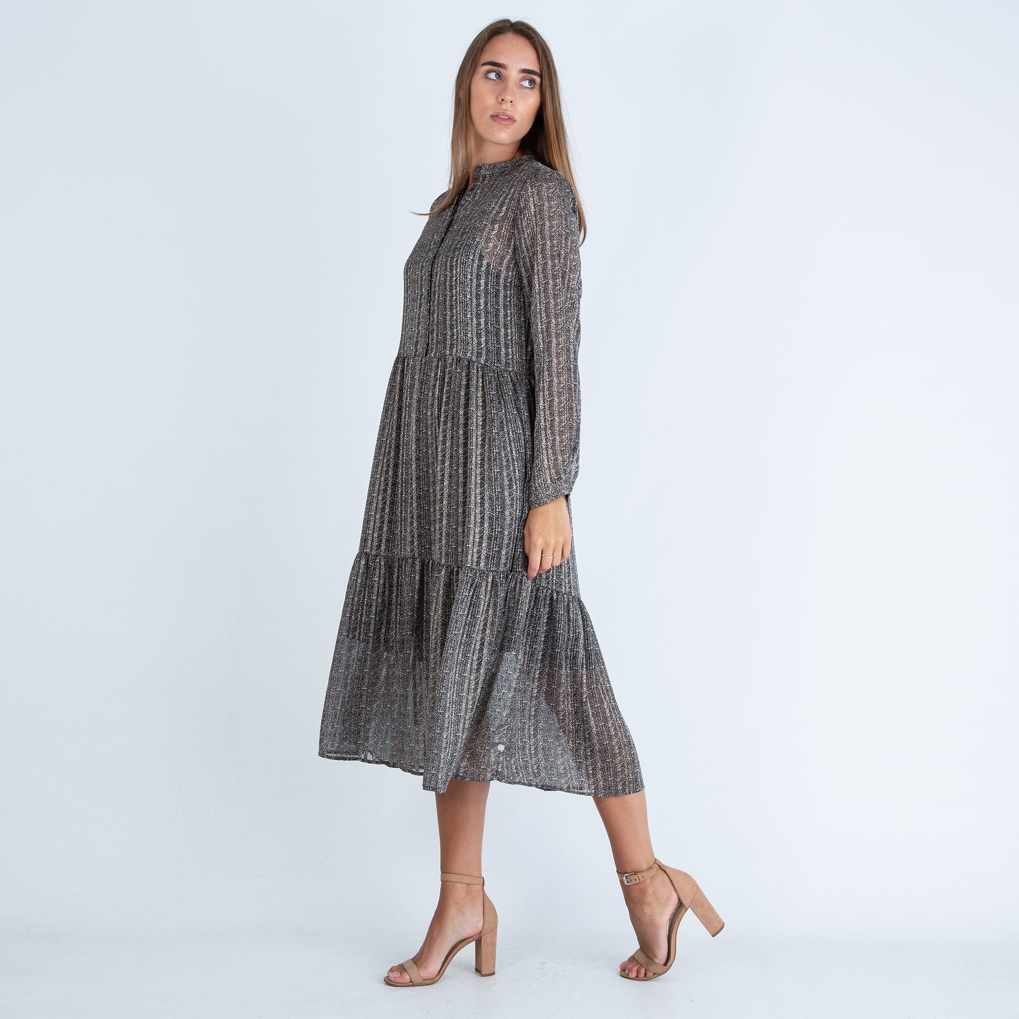 Milano Italy Tiered Gathered Print Long Dress Graphite