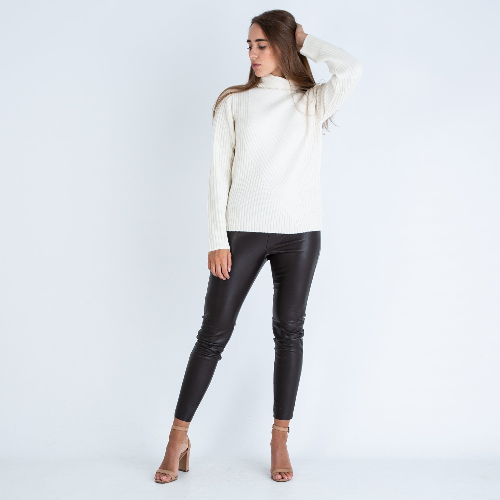 Repeat Cashmere Ribbed Funnel Neck Jumper Cream