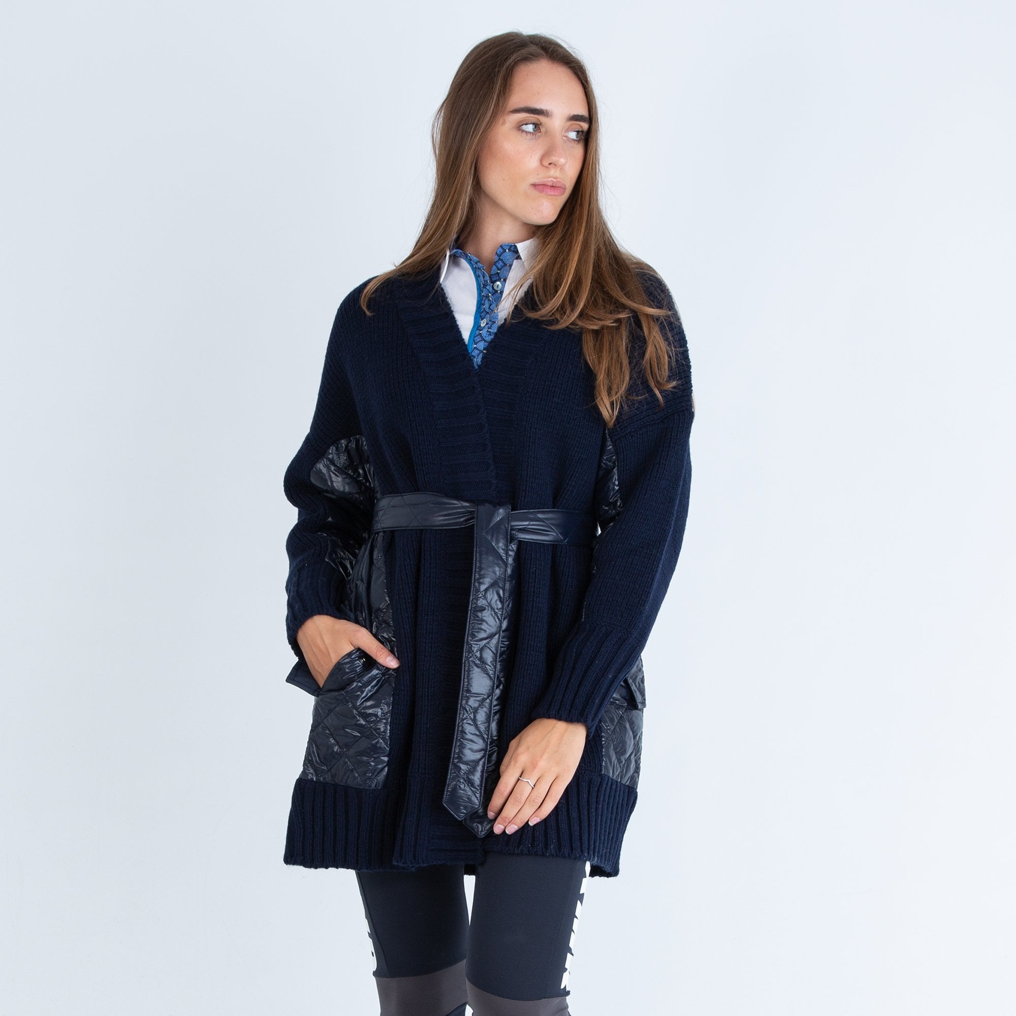 Weekend By Maxmara Sahara Wool Cardy With Nylon Quilted Panels Navy