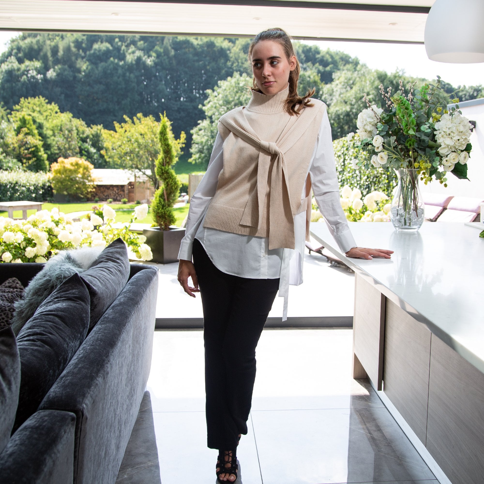 Uchuu Turtle Neck Tabard With Tie Front Cream