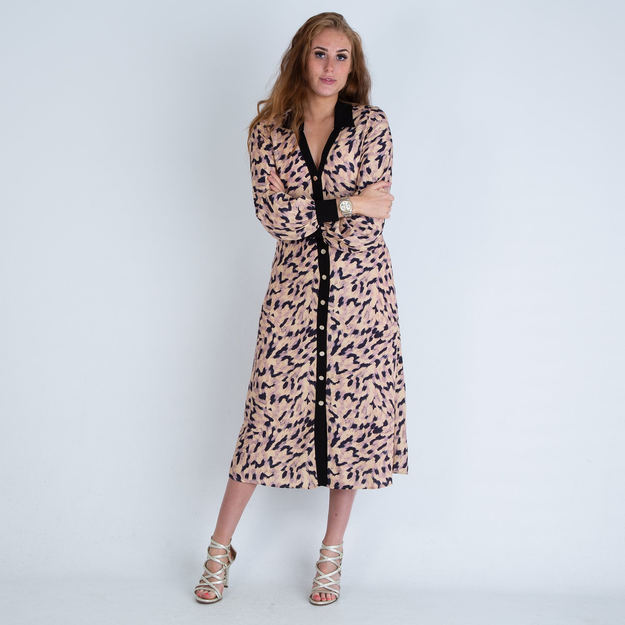 Fresha London Mercedes V Neck Button Down Leopard Print Dress Blush/black