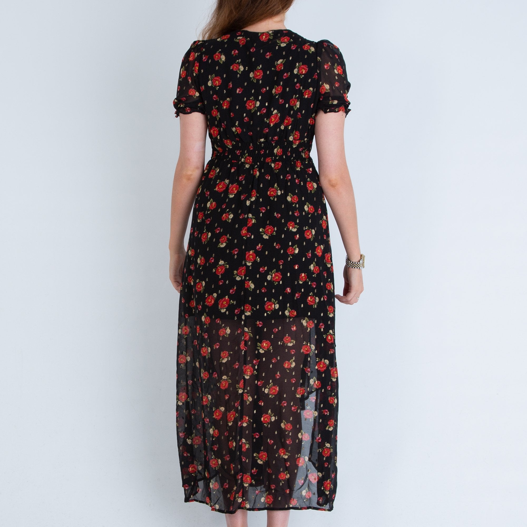 Y London Scarlett Floaty Rose Print Midi Dress With Button Front Black/red