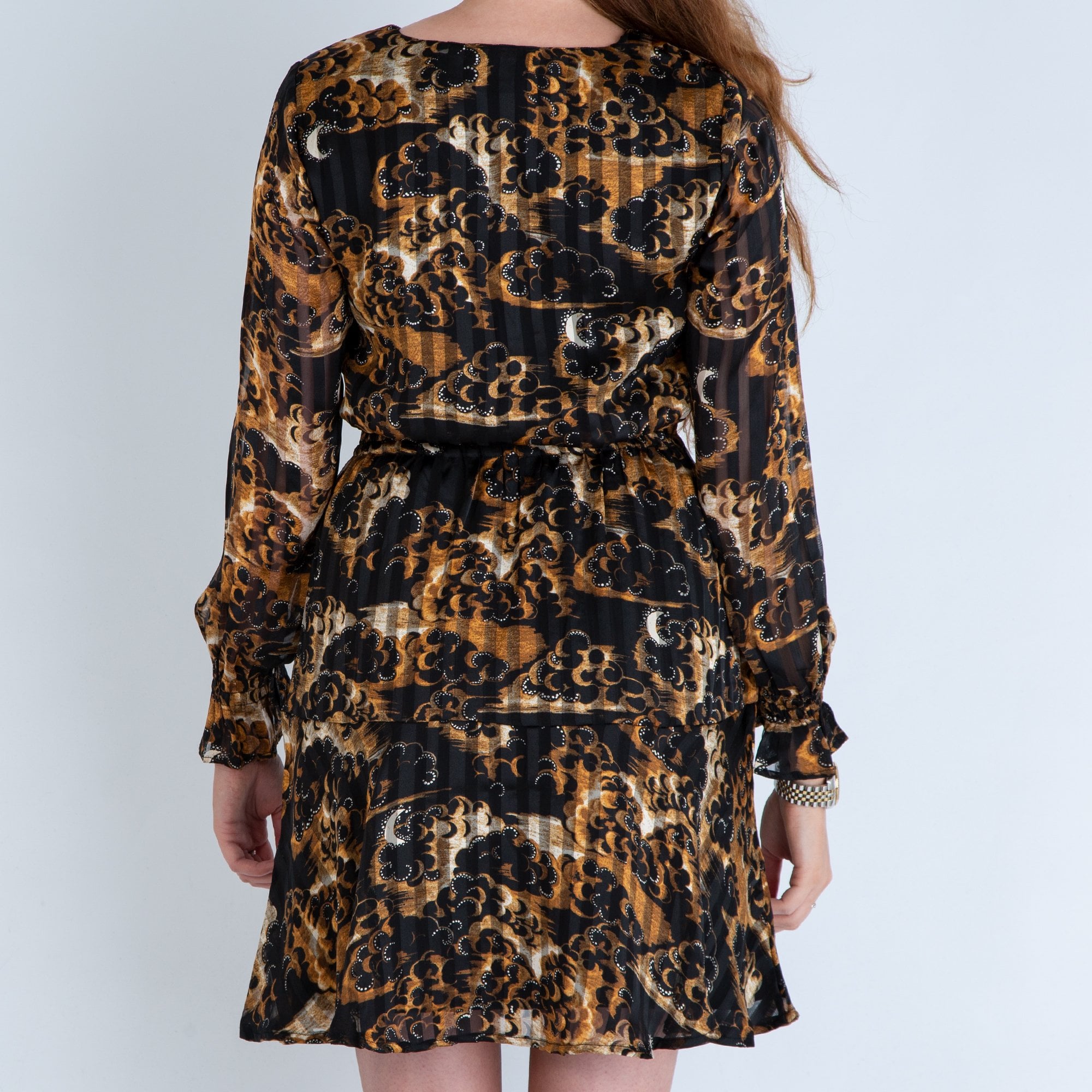 Scotch & Soda Cloud Print Gathered Waist Dress With Frill Sleeves Gold/Black