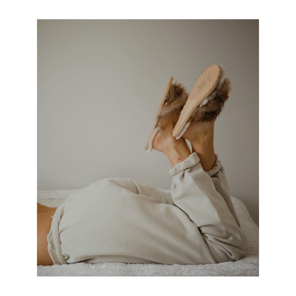 Emu Australia Mayberry Lava Cross Over Fluffy Slider Slippers Chestnut/cream