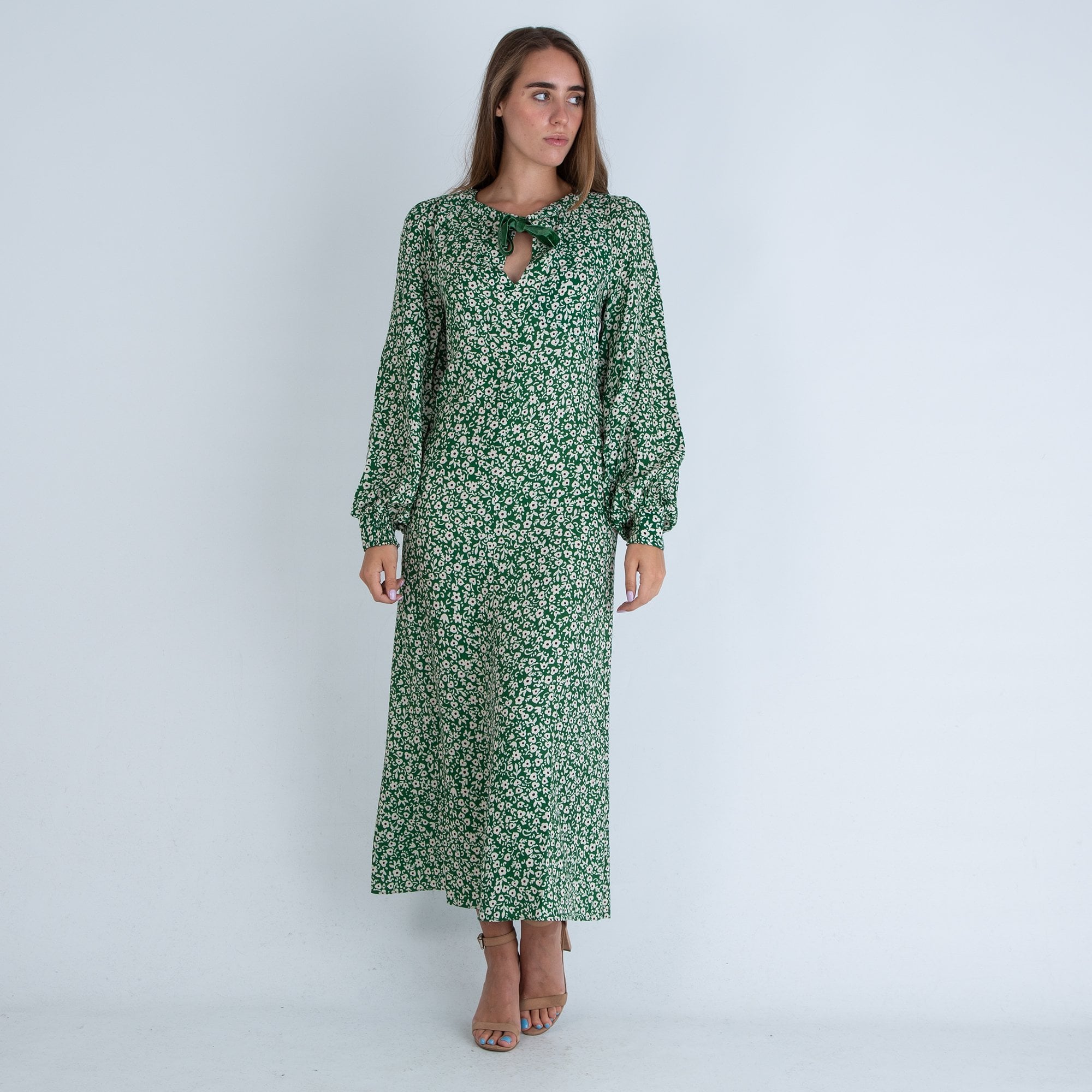 Fresha London Ozzie Floral Print Velvet Tie Neck Maxi Dress Green/Ecru