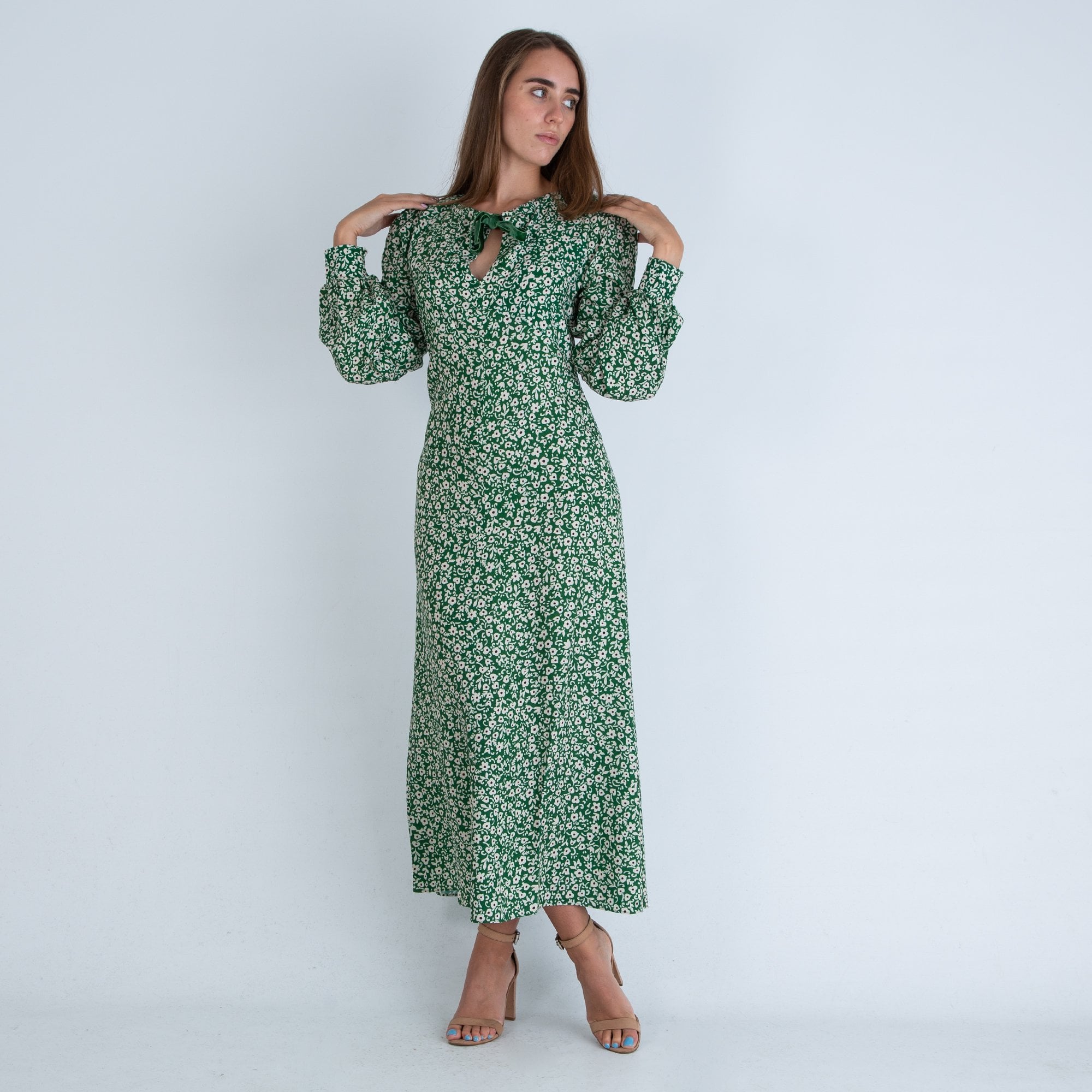 Fresha London Ozzie Floral Print Velvet Tie Neck Maxi Dress Green/Ecru