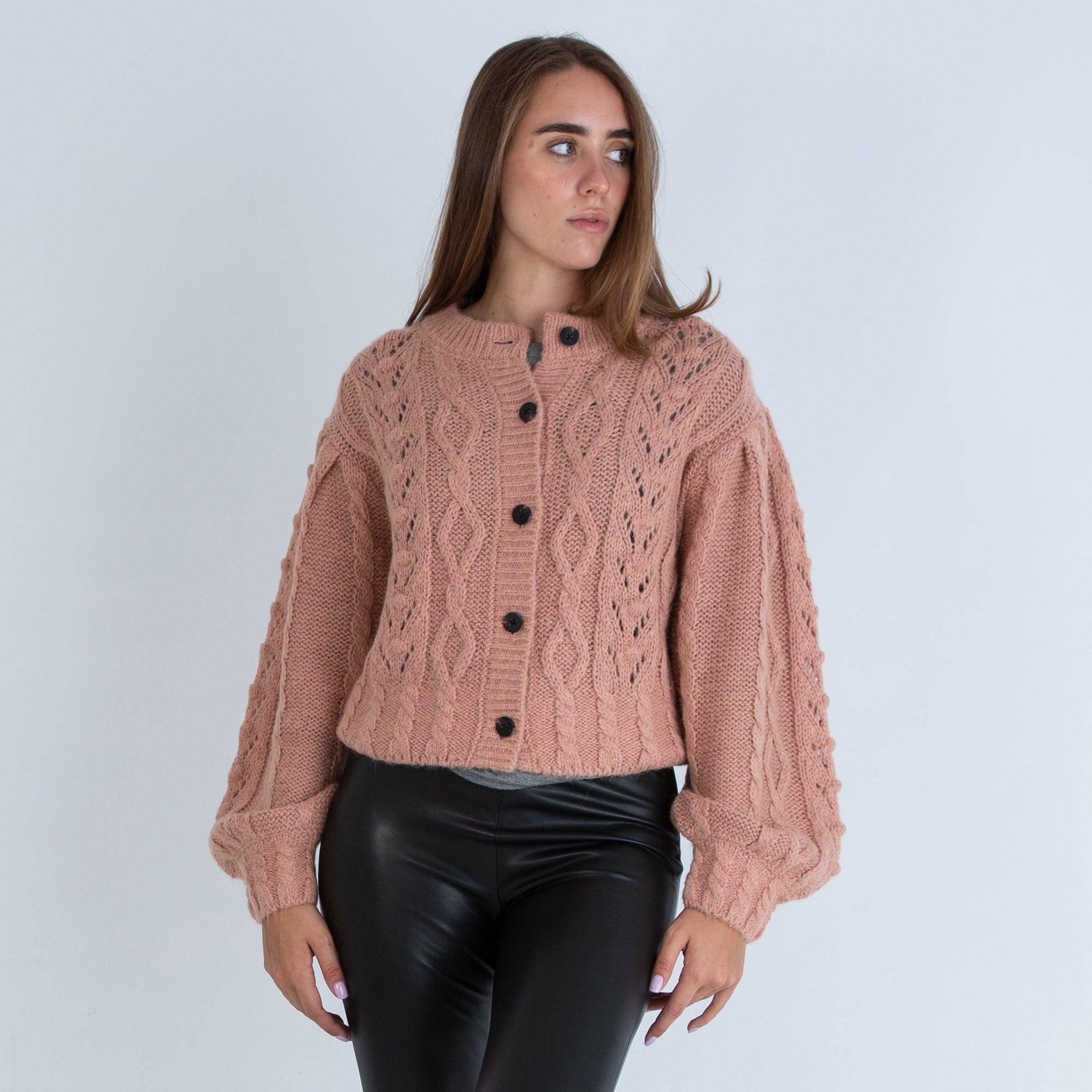 Scotch & Soda Cable Knit Balloon Sleeve Button Down Cardigan Rose Pink