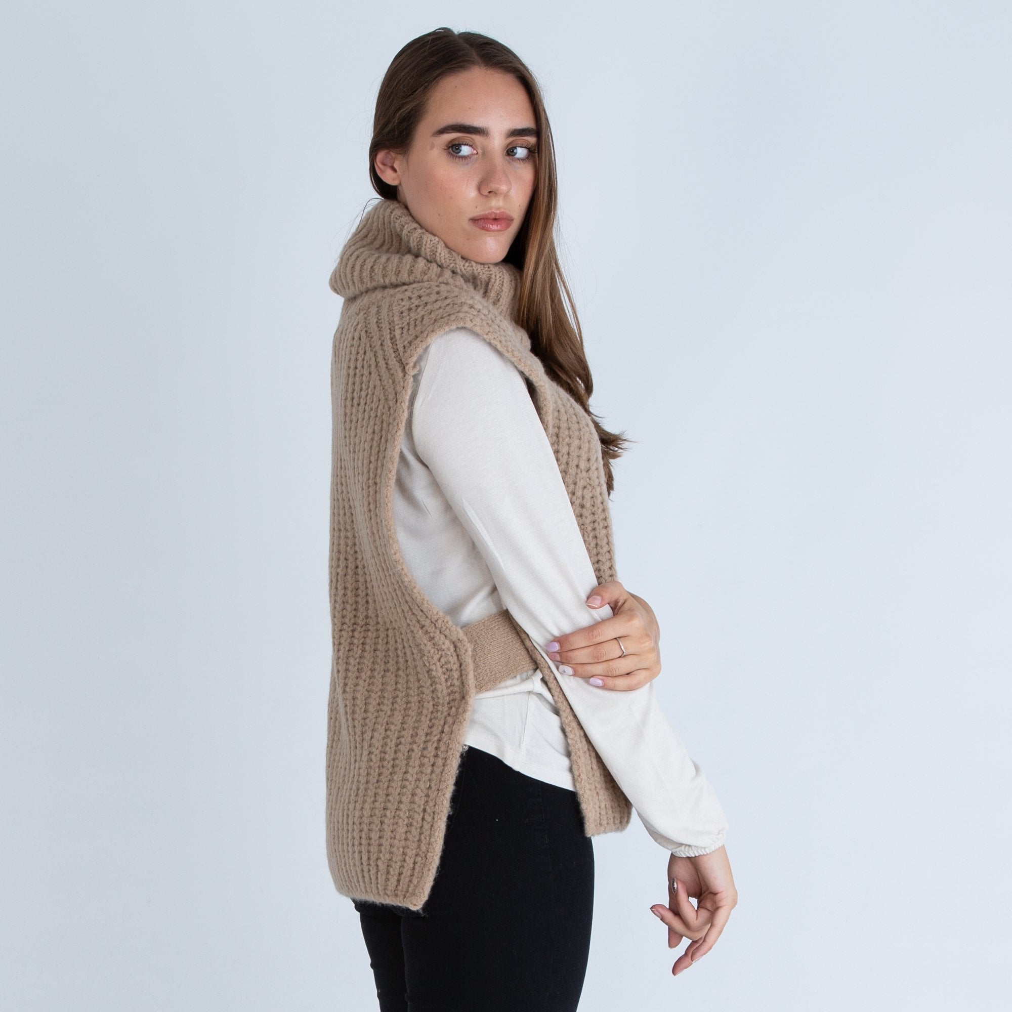 Monari Roll Neck Chunky Soft Knit Tabard Sand