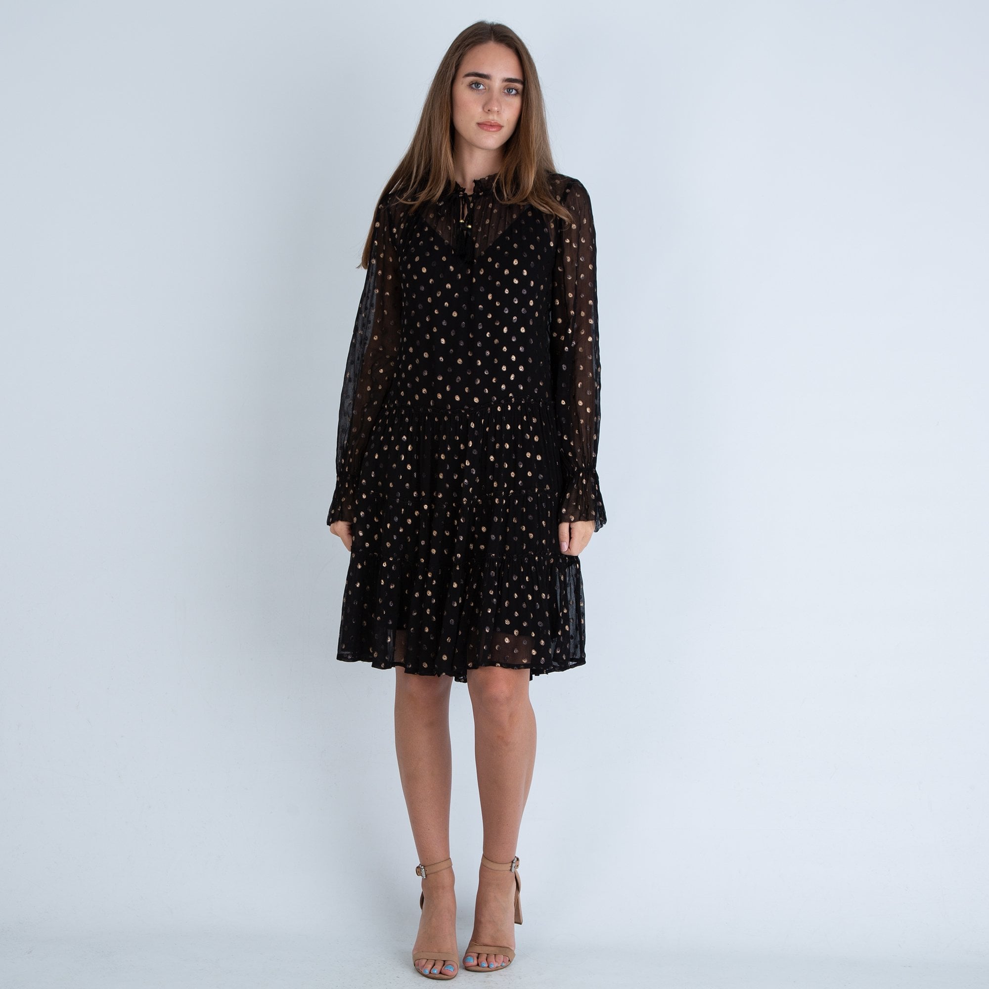 Dea Kudibal Maria Tie Neck Gold Dots Dress With Silk Slip Black/gold