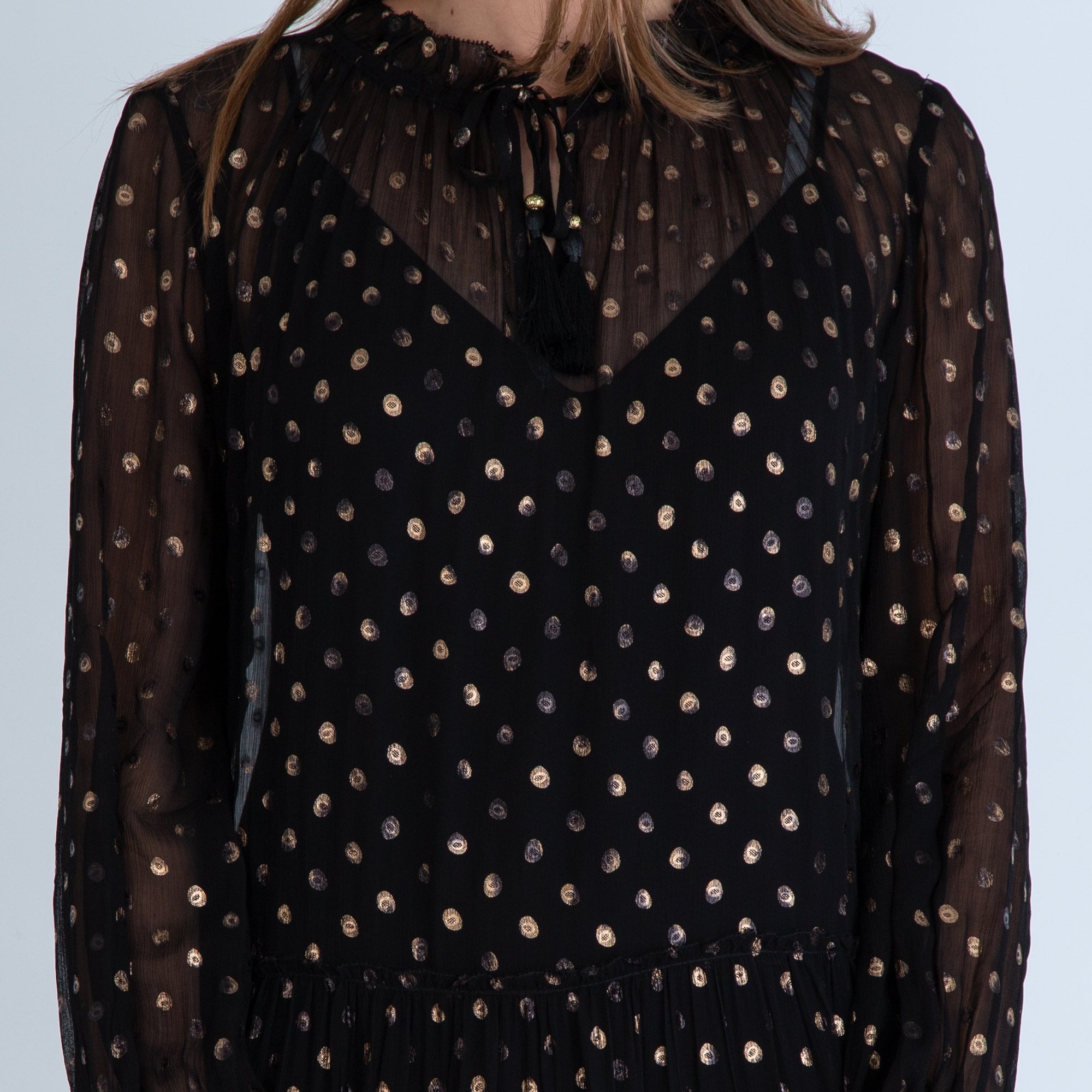 Dea Kudibal Maria Tie Neck Gold Dots Dress With Silk Slip Black/gold