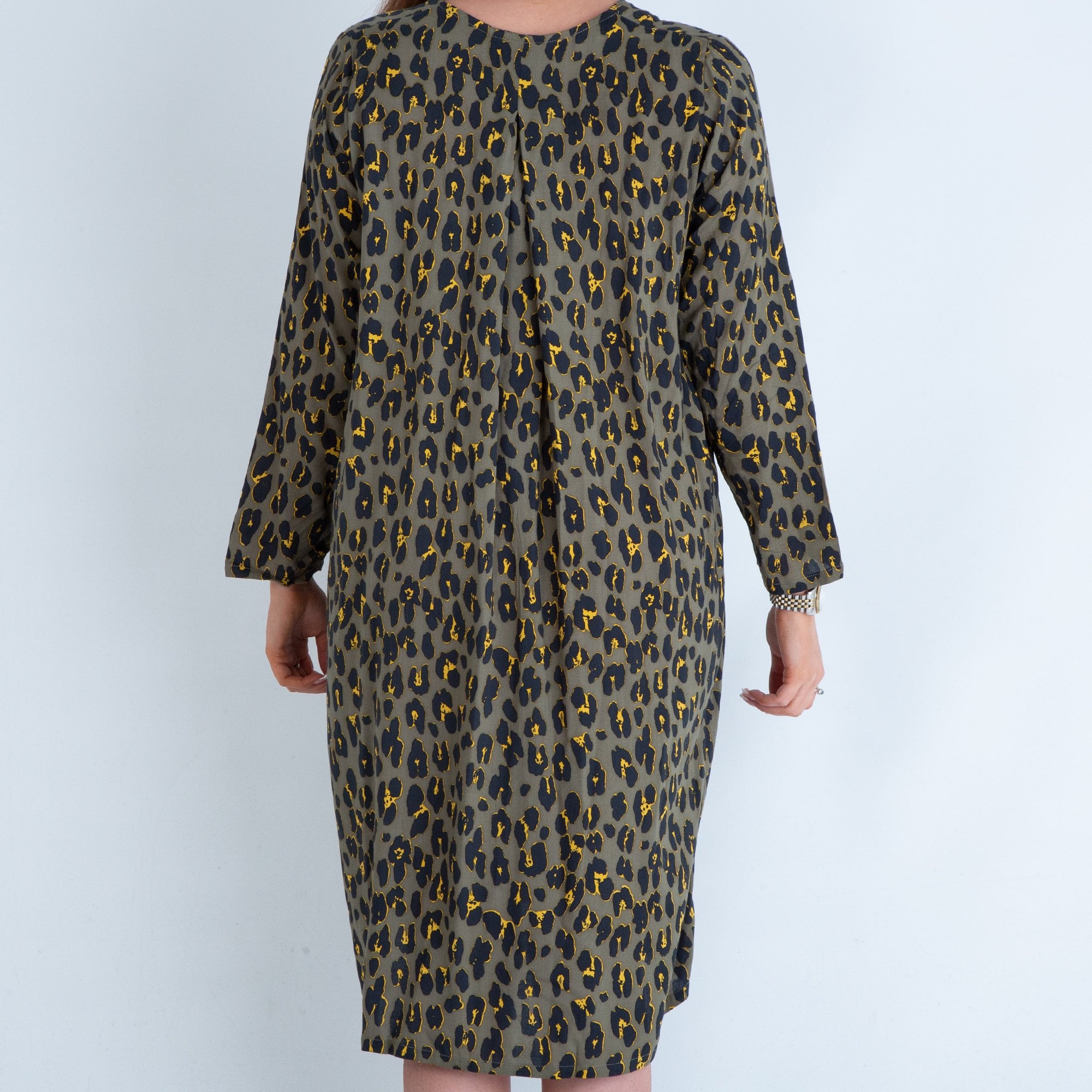 Palme Fashion V Neck Leopard Print Tiered Tunic Dress Khaki/yellow