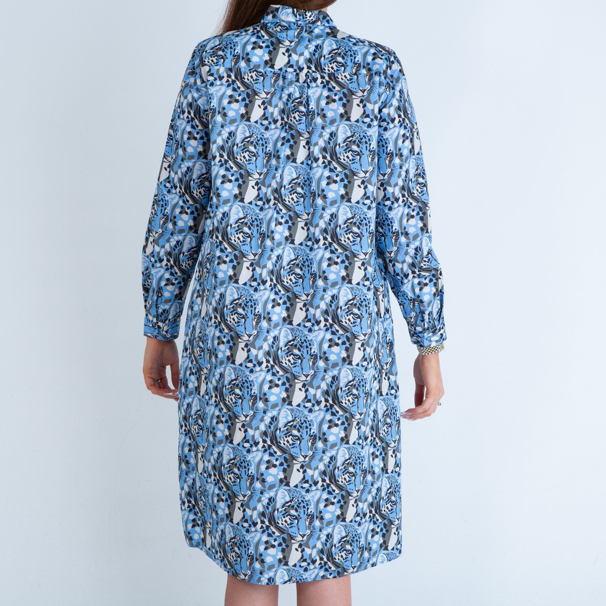 Milano Italy Leopard Face Print Cotton Shirt Dress Blue/white