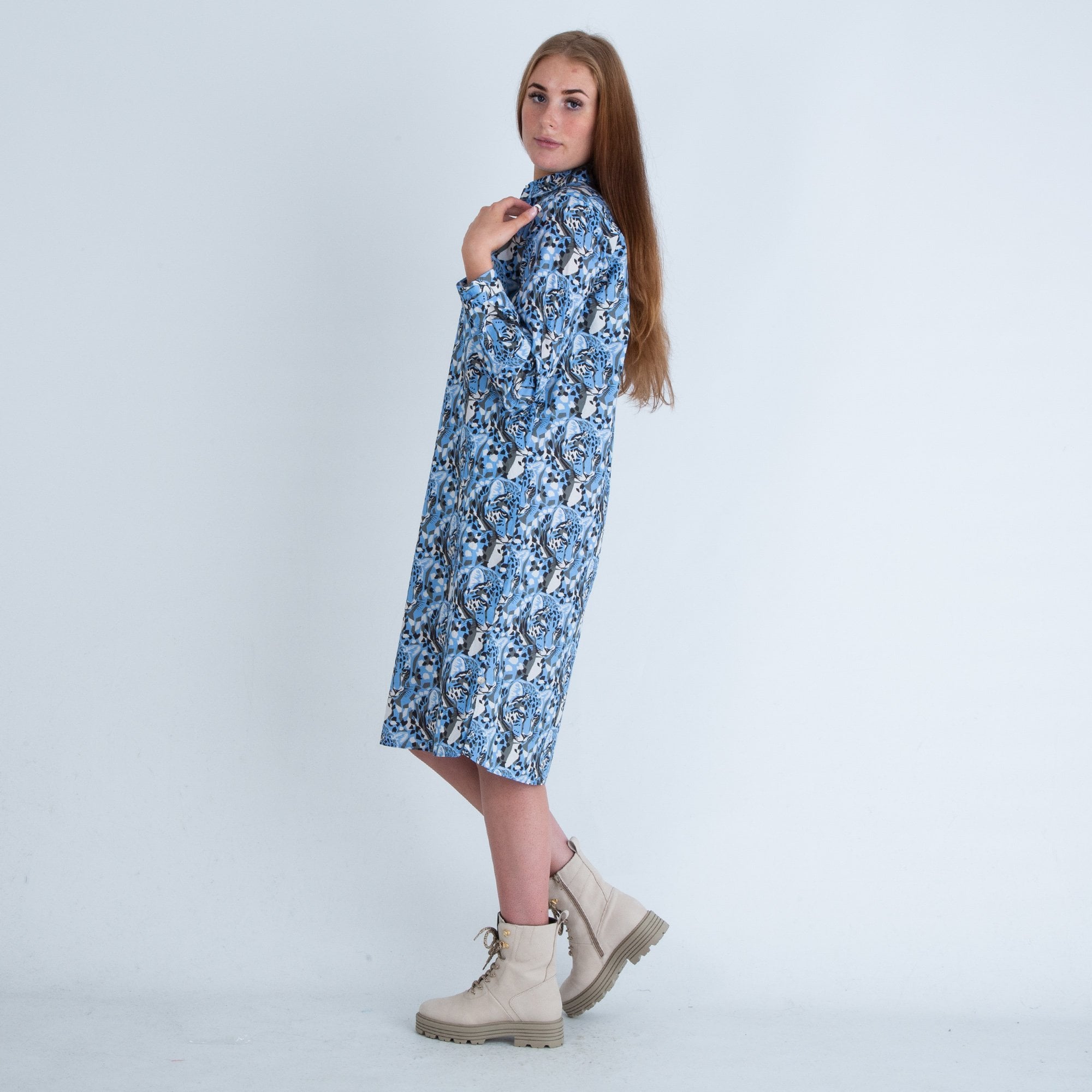 Milano Italy Leopard Face Print Cotton Shirt Dress Blue/white