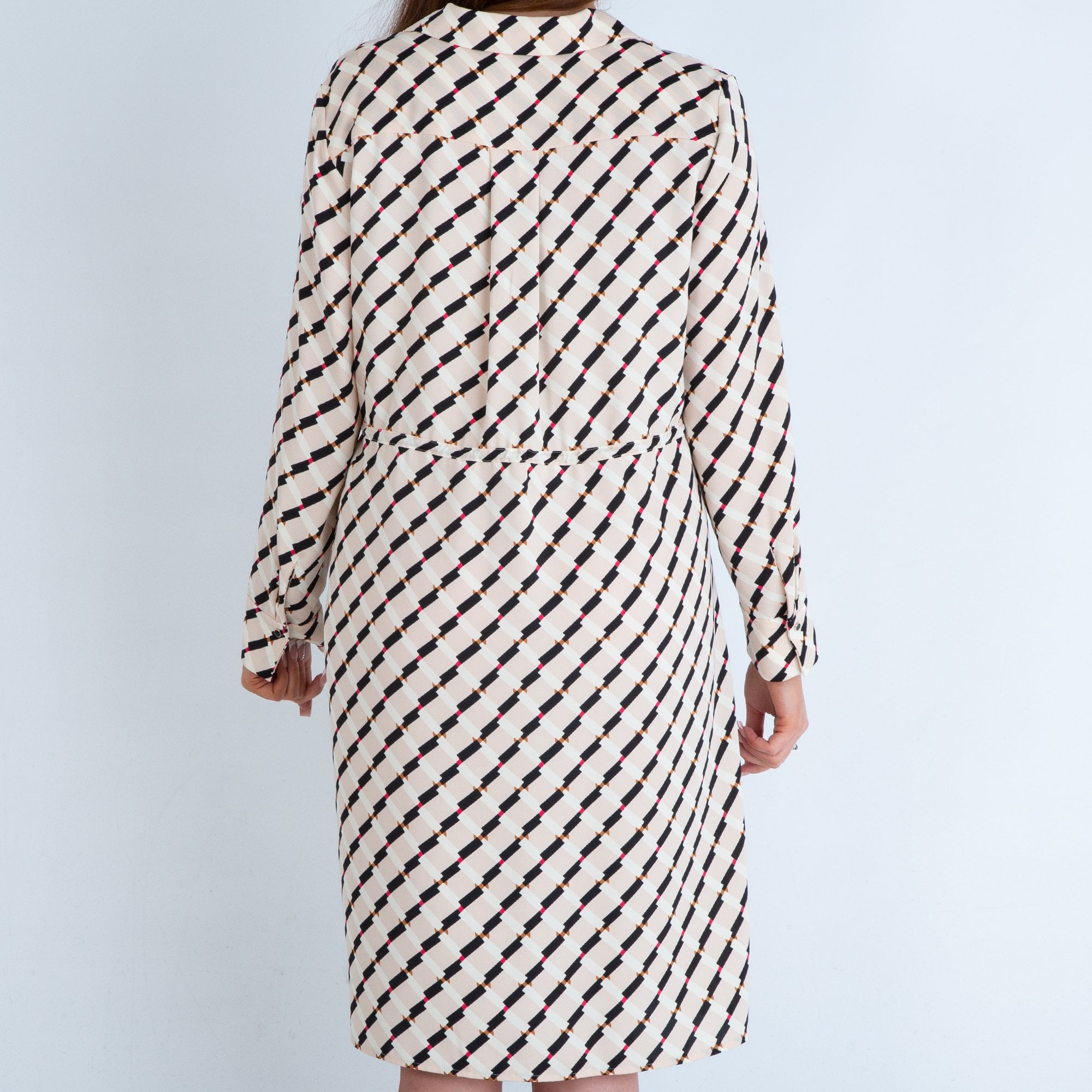 Marc Cain Square Print Shirt Dress With Faux Leather Tie Nude/black