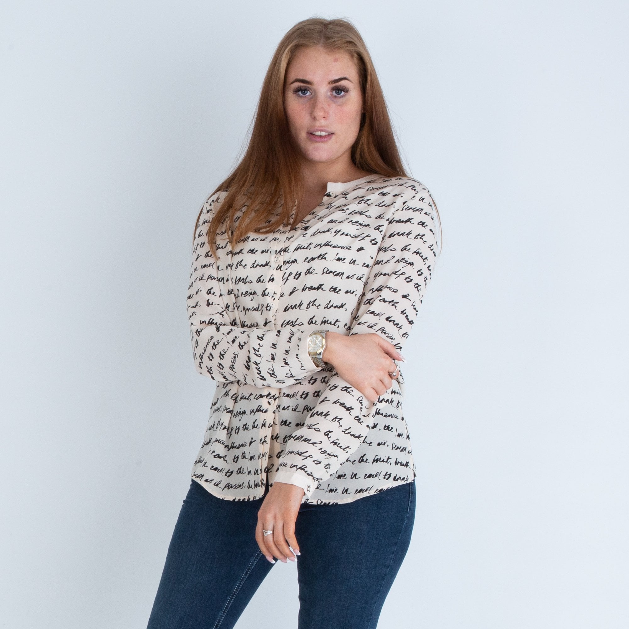 Riani Script Patterned Button Down Blouse Cream/black