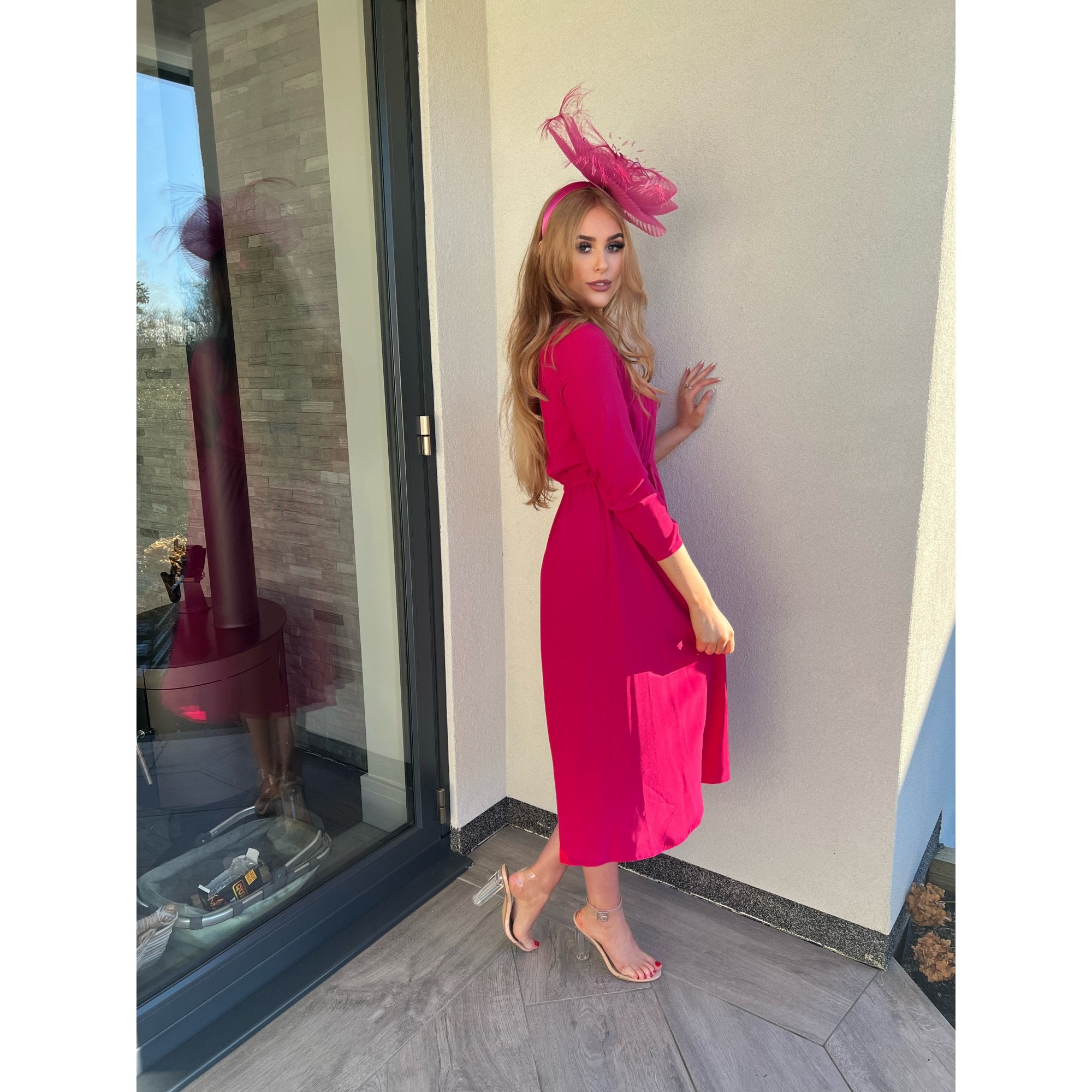 Riani V Neck Chiffon Dress With Ruched Sides Fuchsia