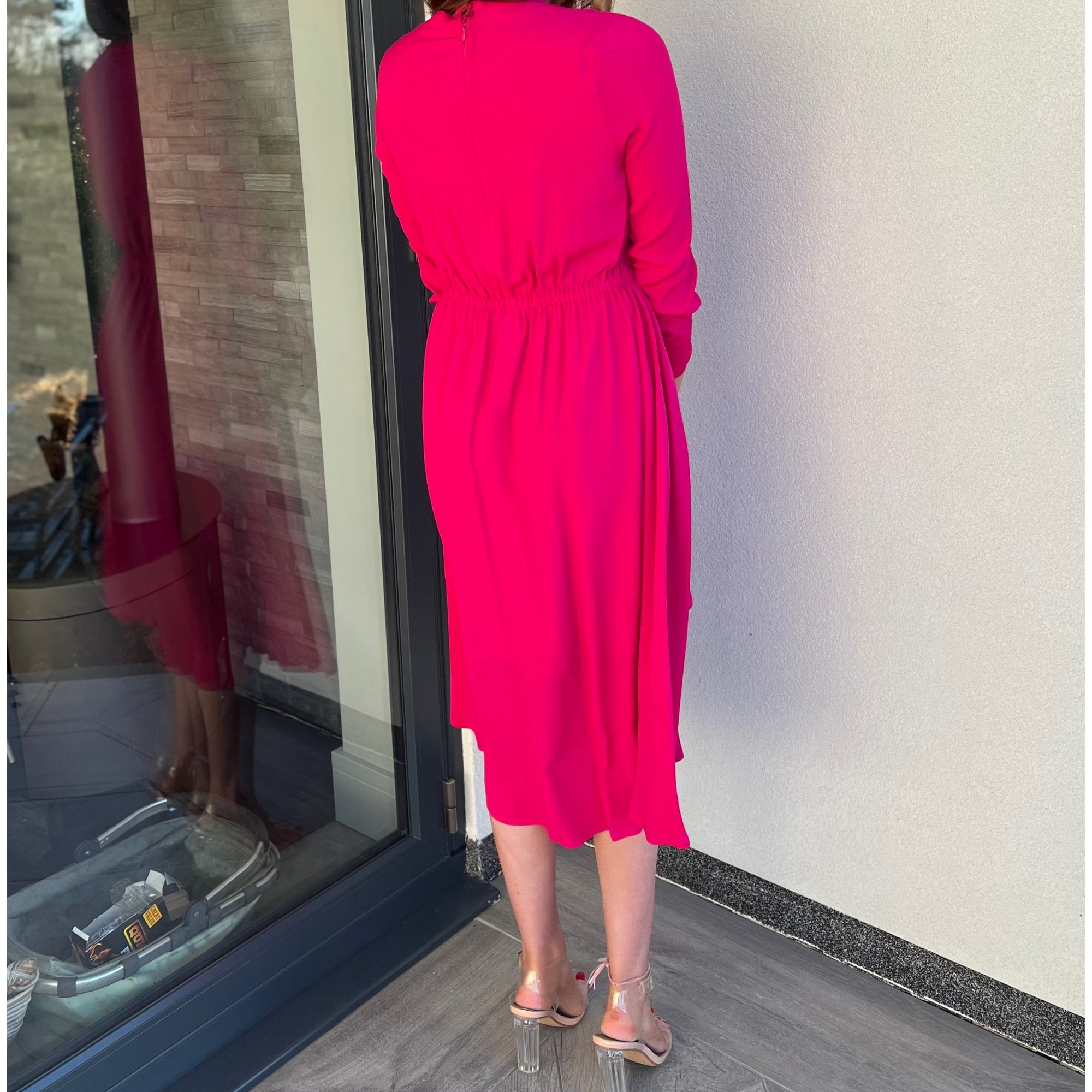 Riani V Neck Chiffon Dress With Ruched Sides Fuchsia