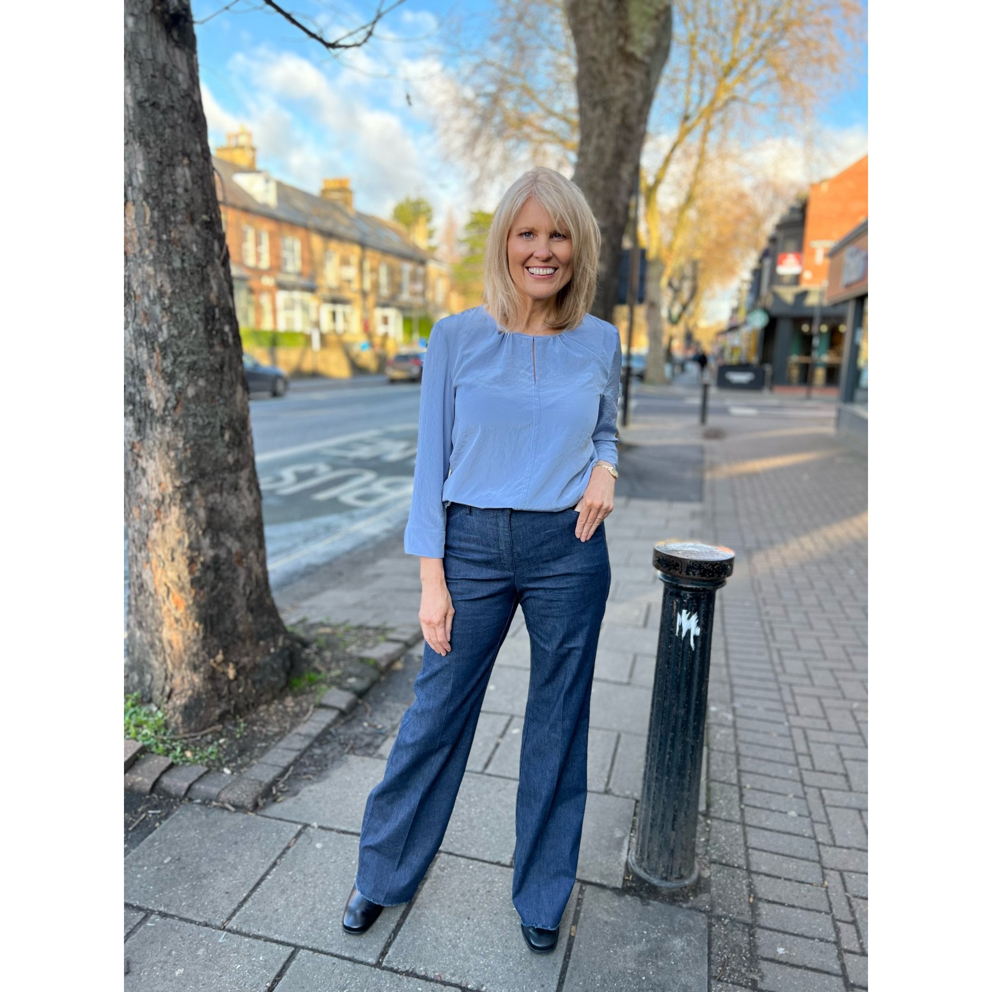 Luisa Cerano Split Neck Keyhole Neck Silk Blouse Dusty Blue