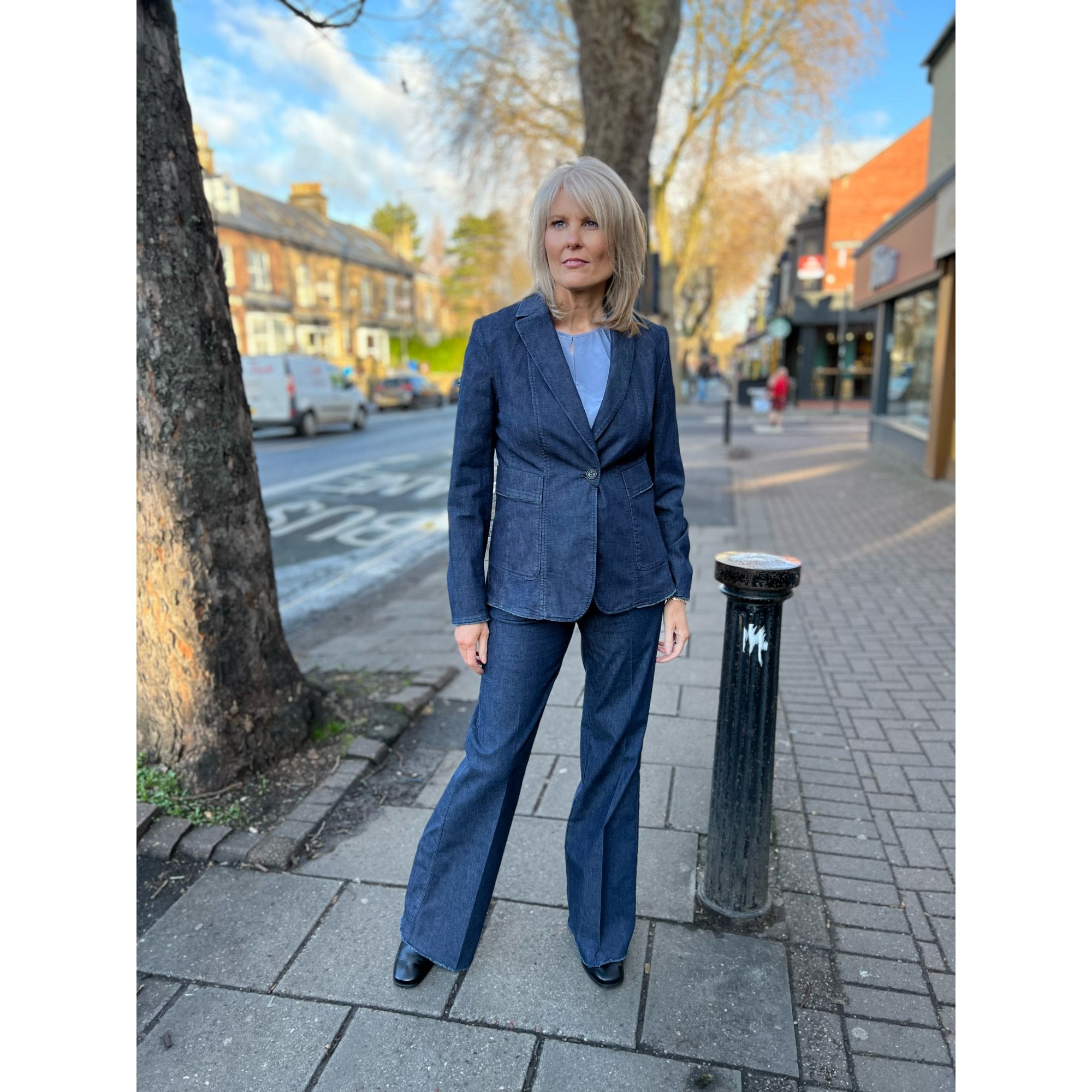 Luisa Cerano Split Neck Keyhole Neck Silk Blouse Dusty Blue