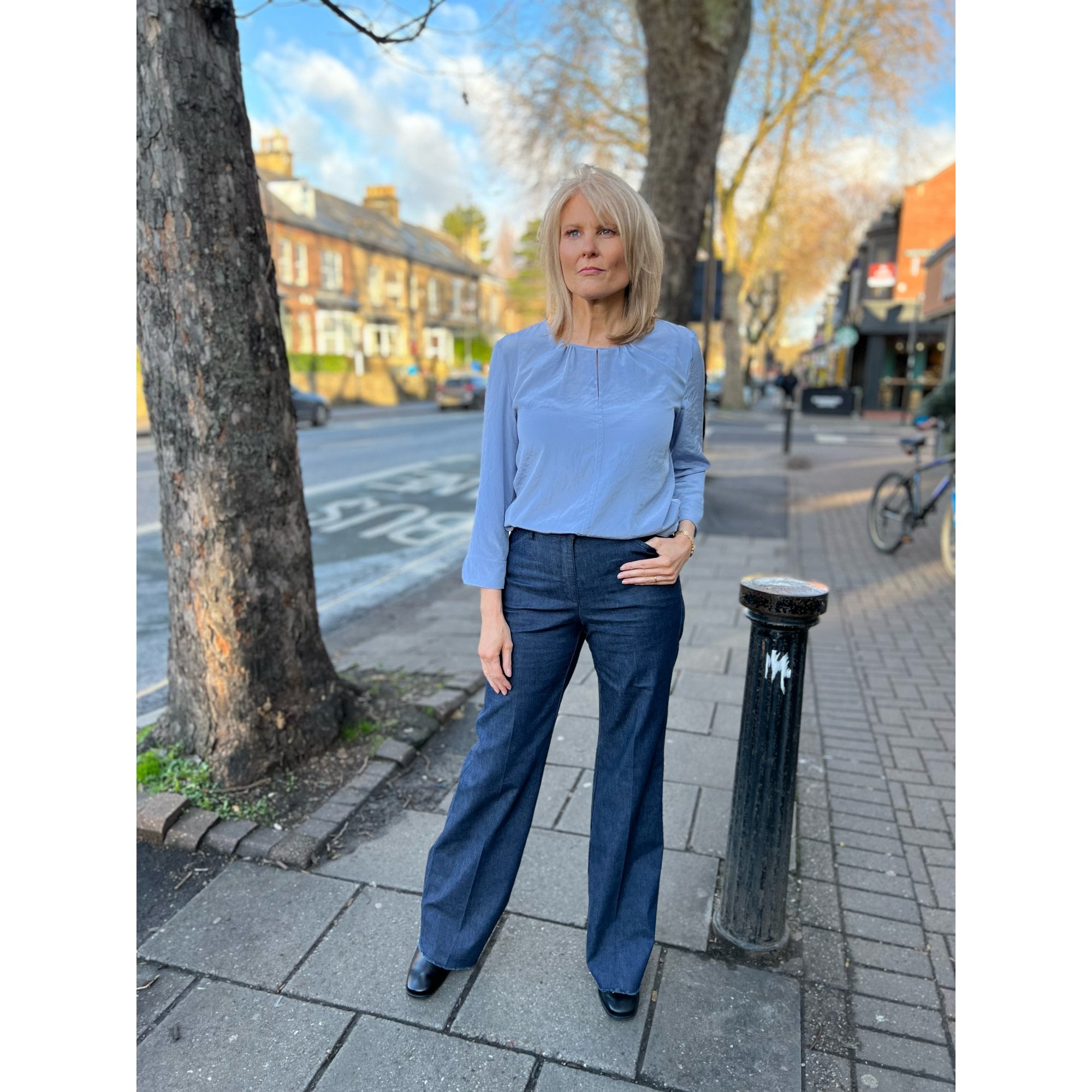 Luisa Cerano Split Neck Keyhole Neck Silk Blouse Dusty Blue