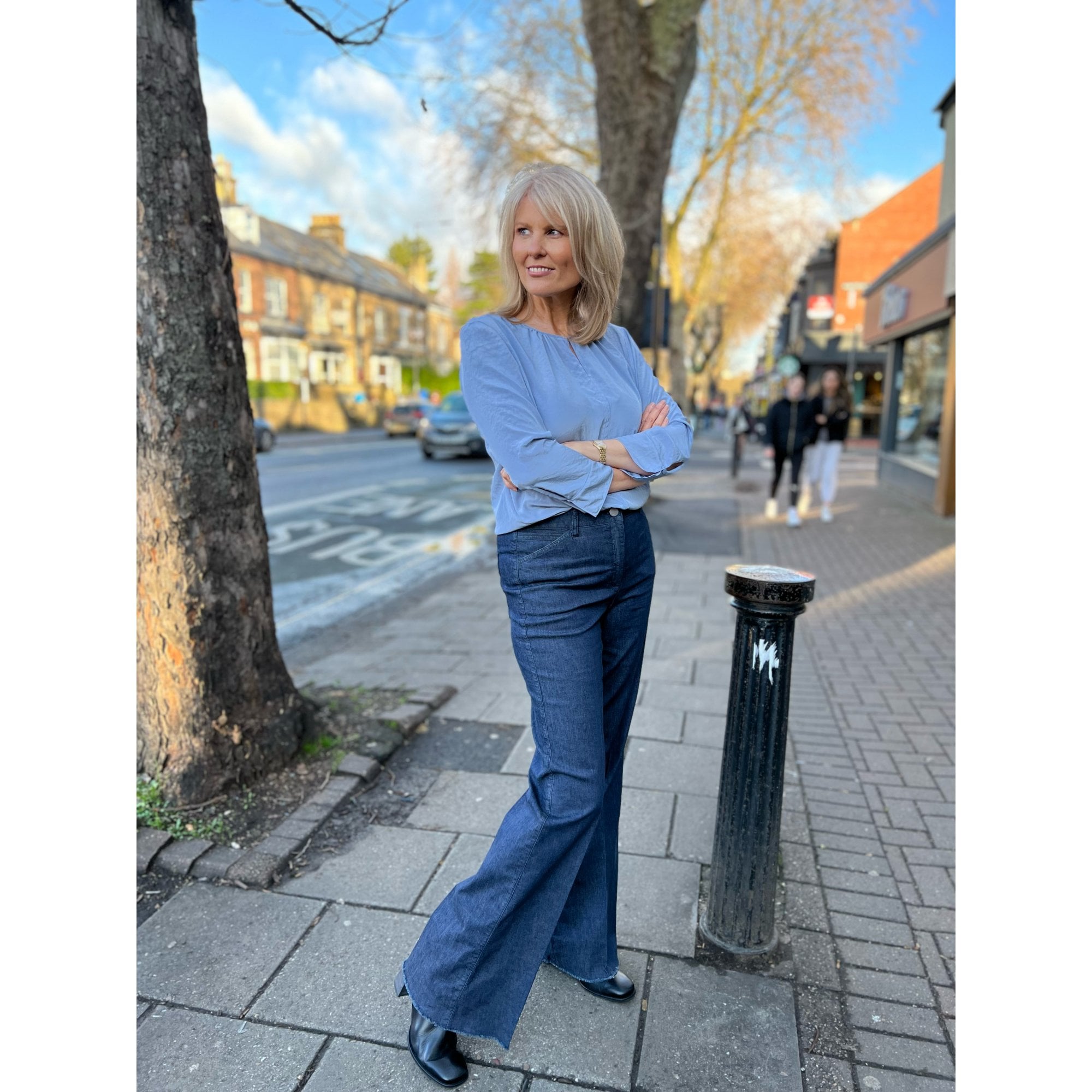 Luisa Cerano Split Neck Keyhole Neck Silk Blouse Dusty Blue