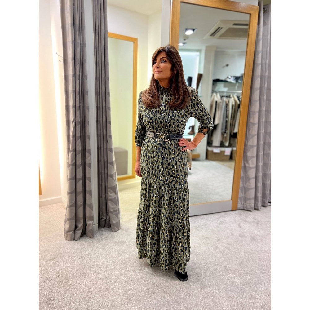 Palme Fashion Leopard Print Tiered Hem Midi Shirt Dress Khaki/yellow