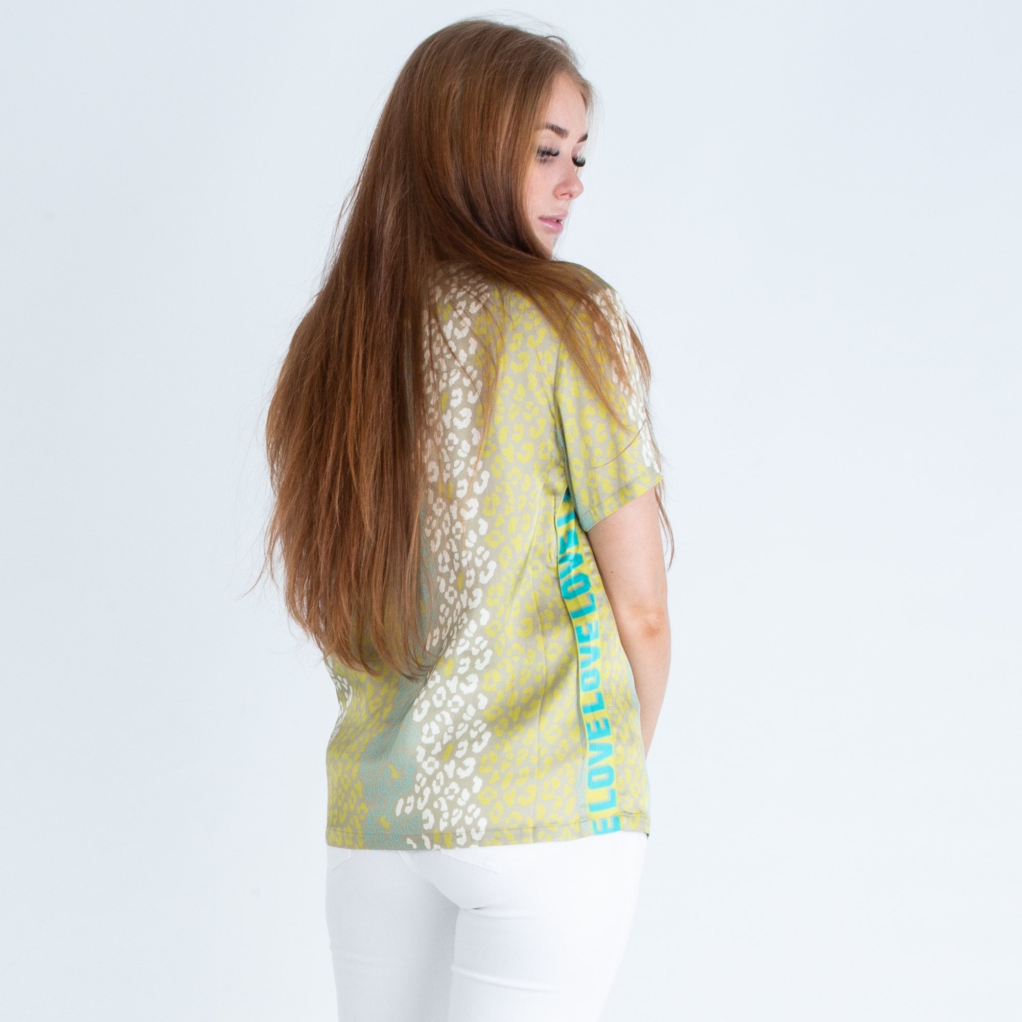 Delicate Love Mara Leo Round Neck Silk Leopard Print Top Green