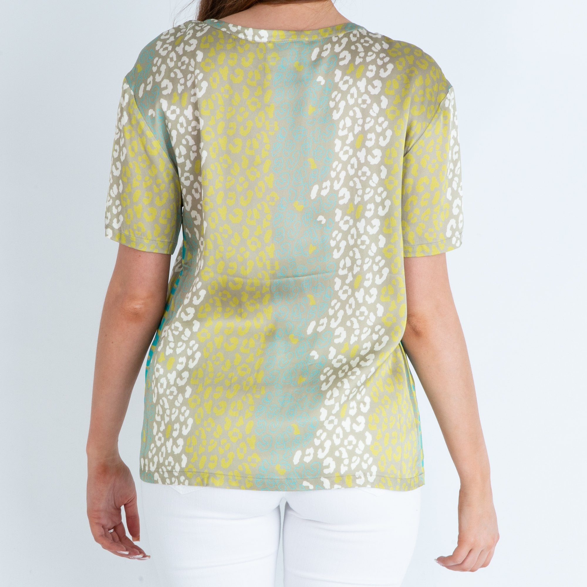 Delicate Love Mara Leo Round Neck Silk Leopard Print Top Green