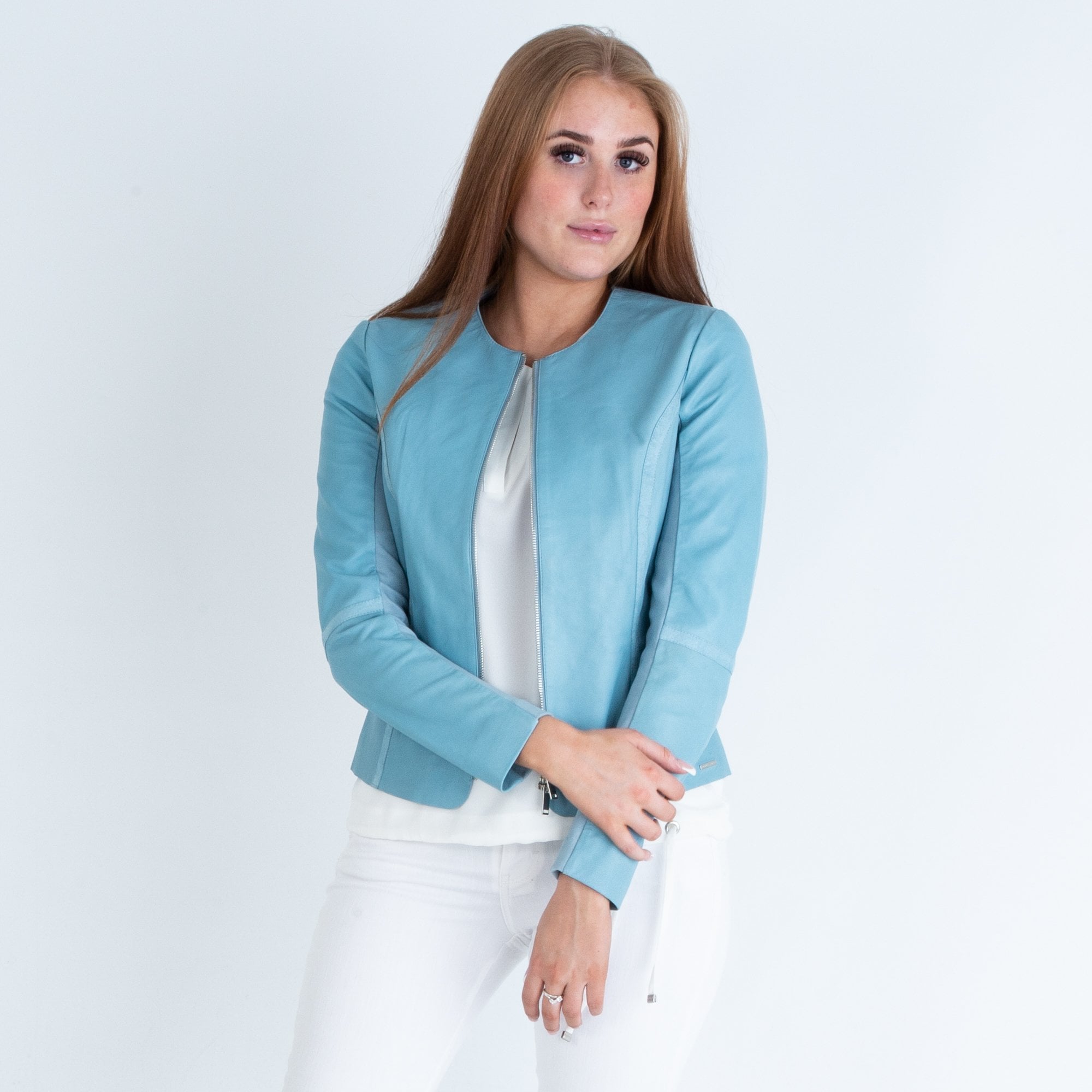 Rino & Pelle Torri Fitted Leather Jacket With Jersey Lining Light Blue