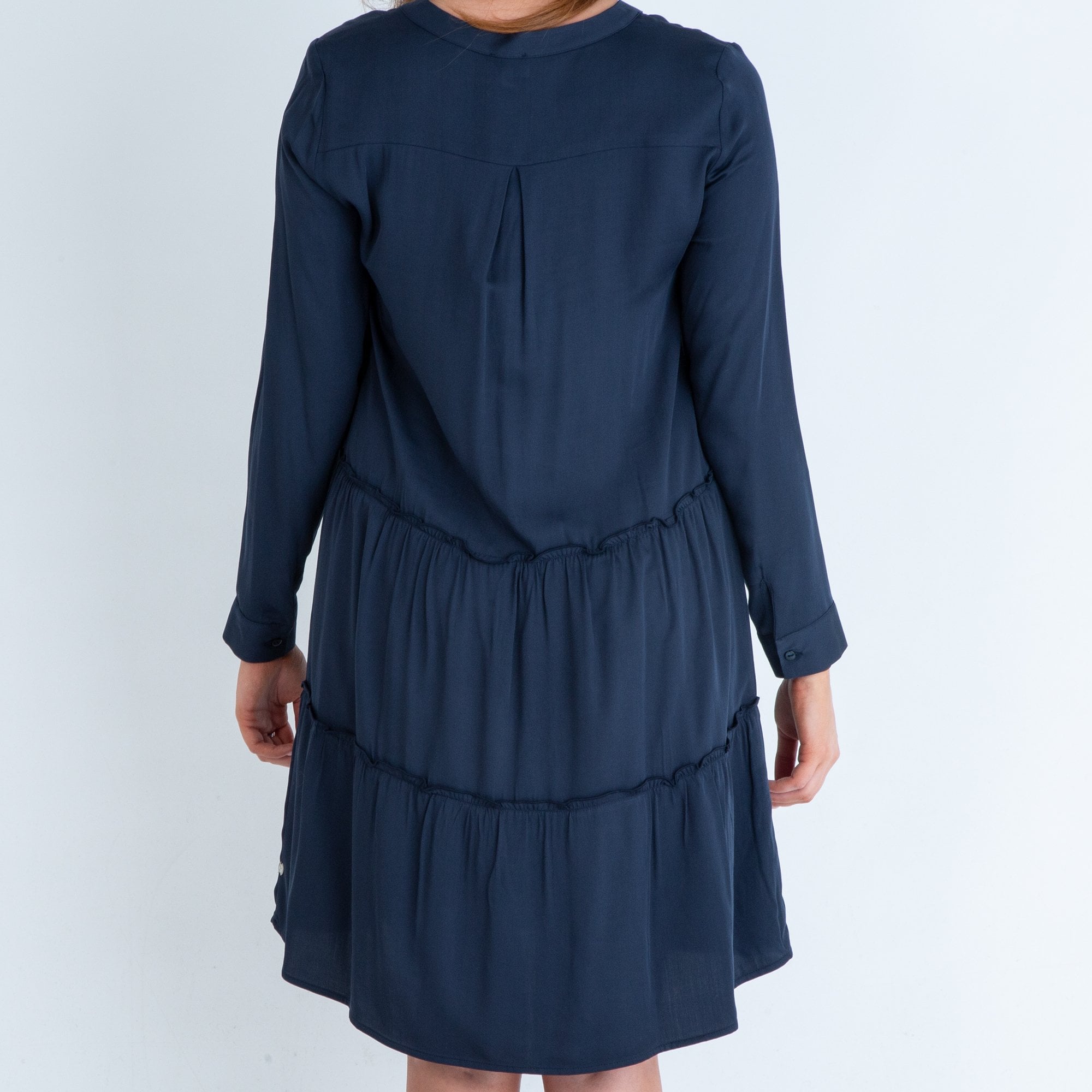 Milano Italy Plain Tiered Split Neck Dress Navy