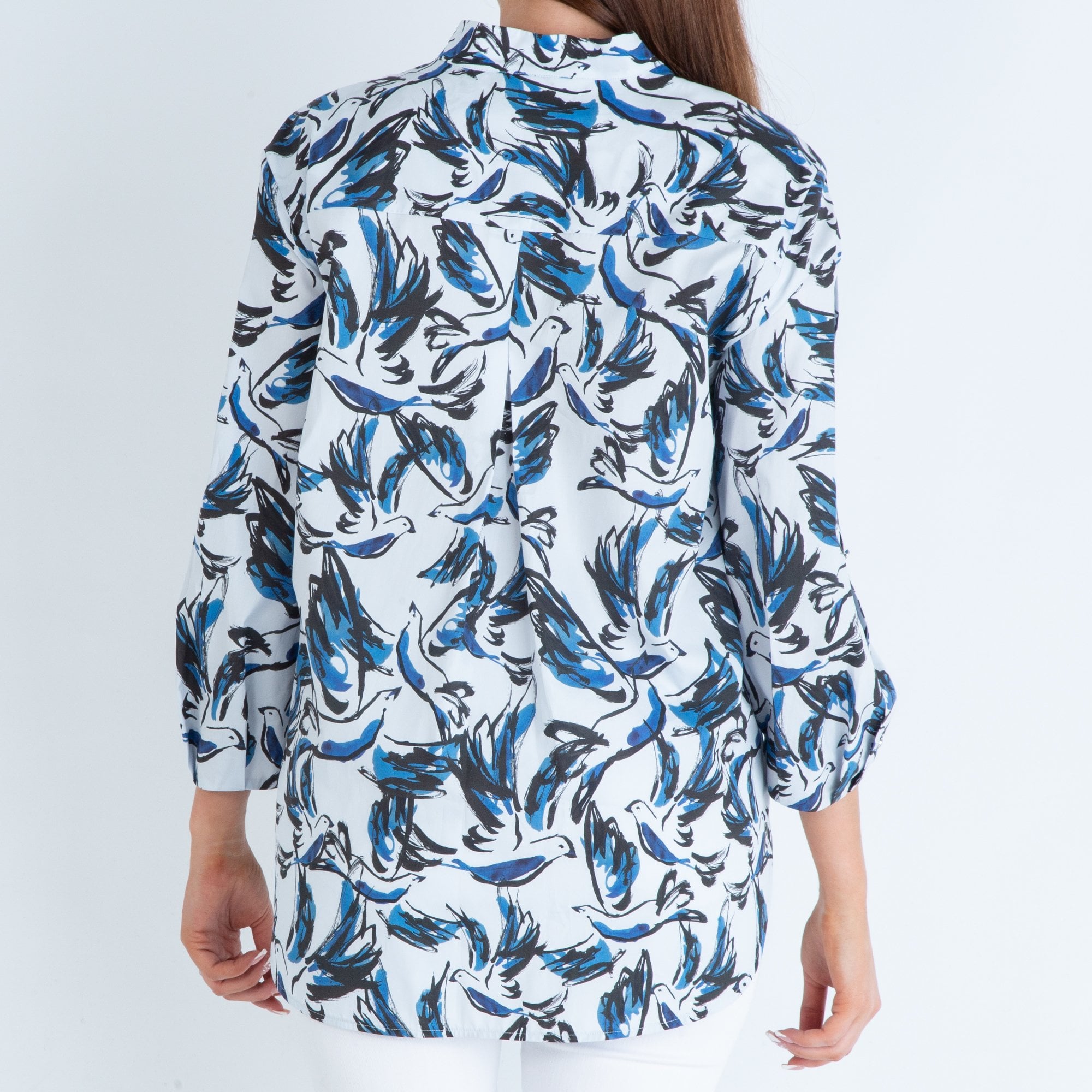 Marc Cain Bird Print Nehru Collar Cotton Blouse Ecru/blue