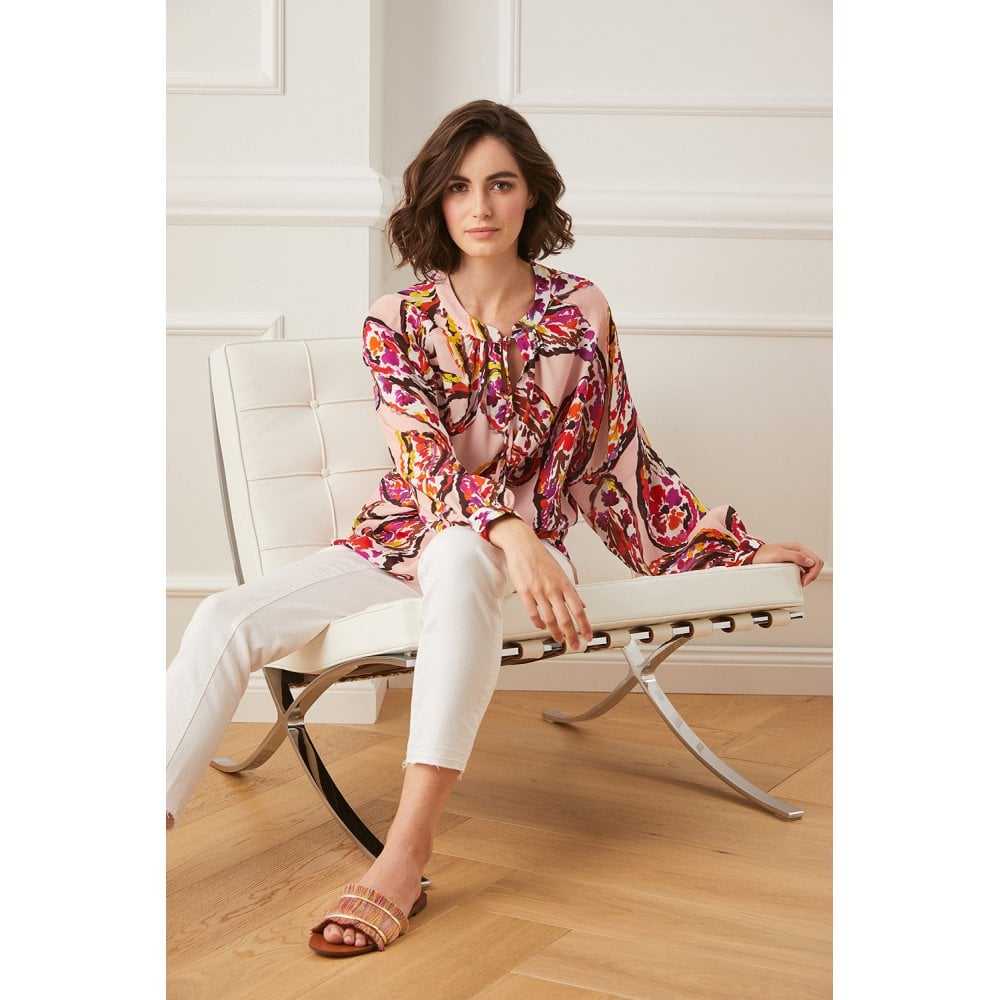 Milano Italy Blown Paisley Print Split Neck Blouse Pink Multi