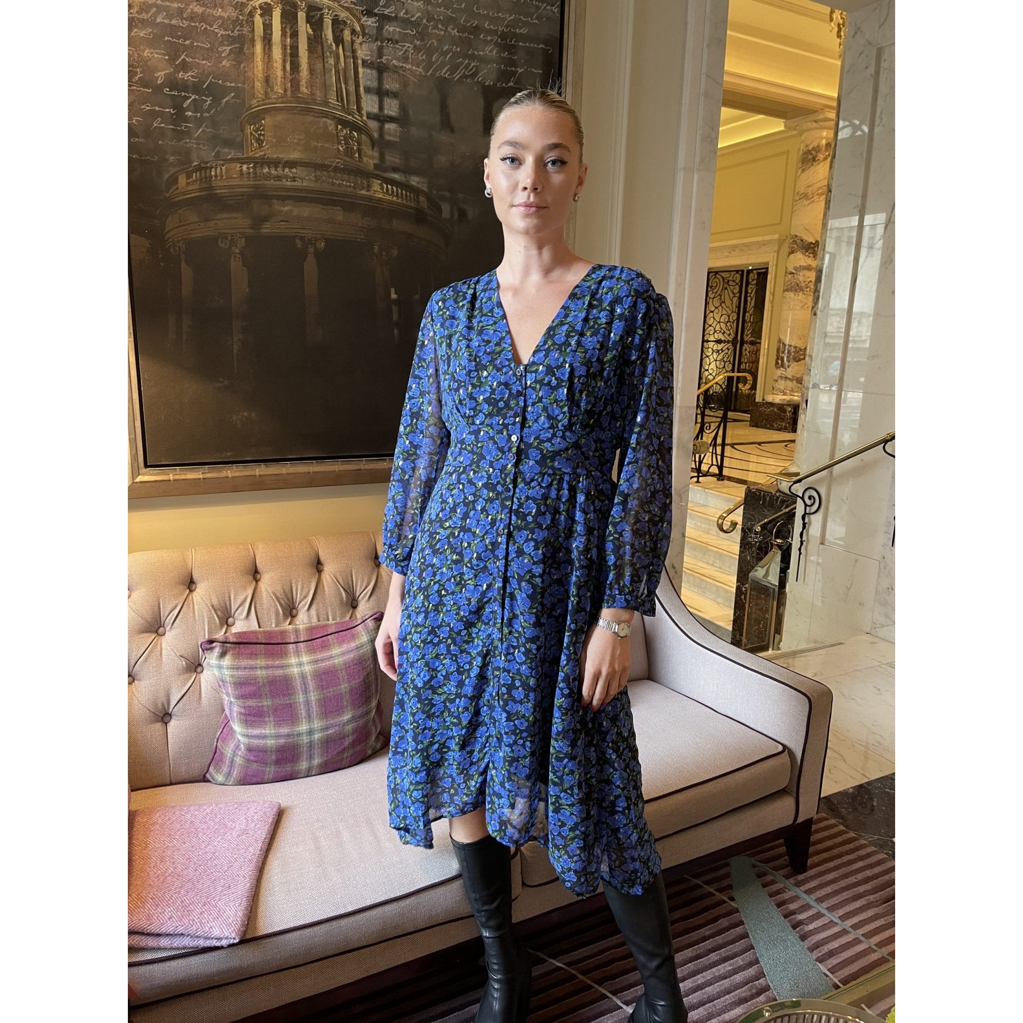 Y London Ruffle Frill Floral Print V Neck Dress Blue/green