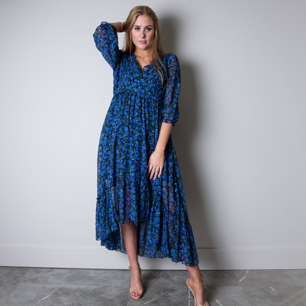 Y London Ruffle Frill Floral Print V Neck Dress Blue/green