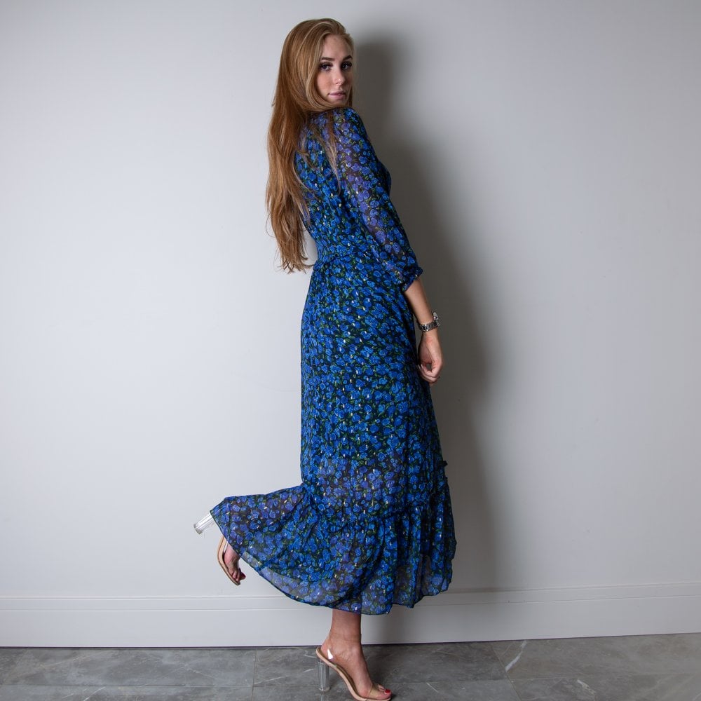 Y London Ruffle Frill Floral Print V Neck Dress Blue/green